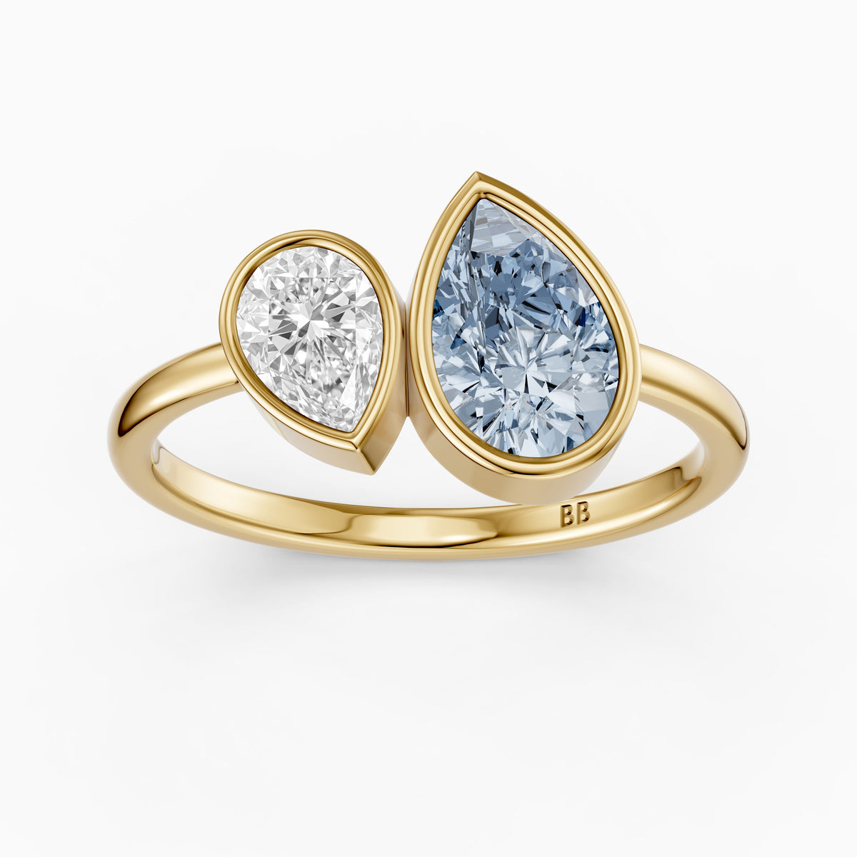 Nicolina Blue and White Pear Cut Colored Lab Grown Diamond Toi et Moi Bezel Ring