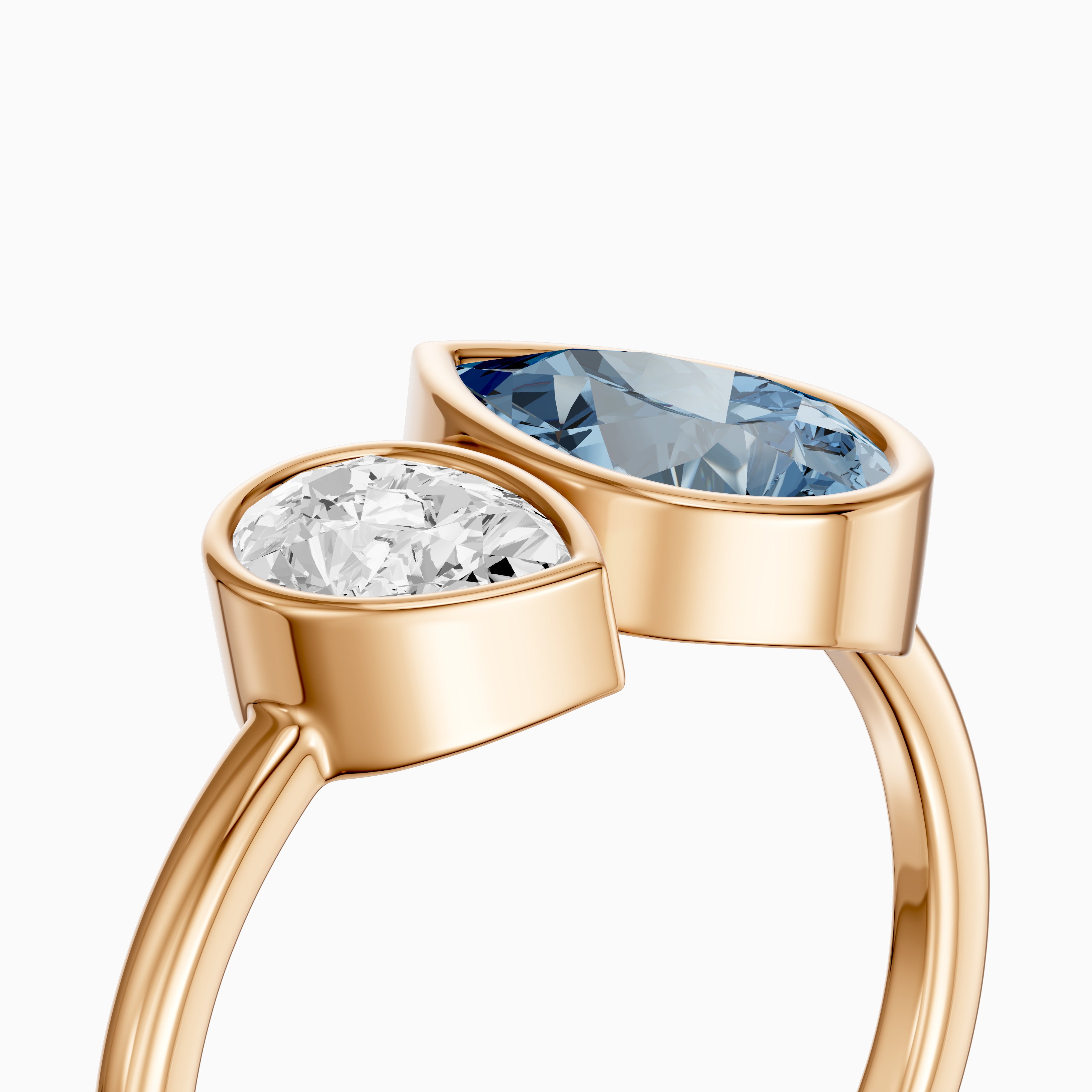 Nicolina Blue and White Pear Cut Colored Lab Grown Diamond Toi et Moi Bezel Ring