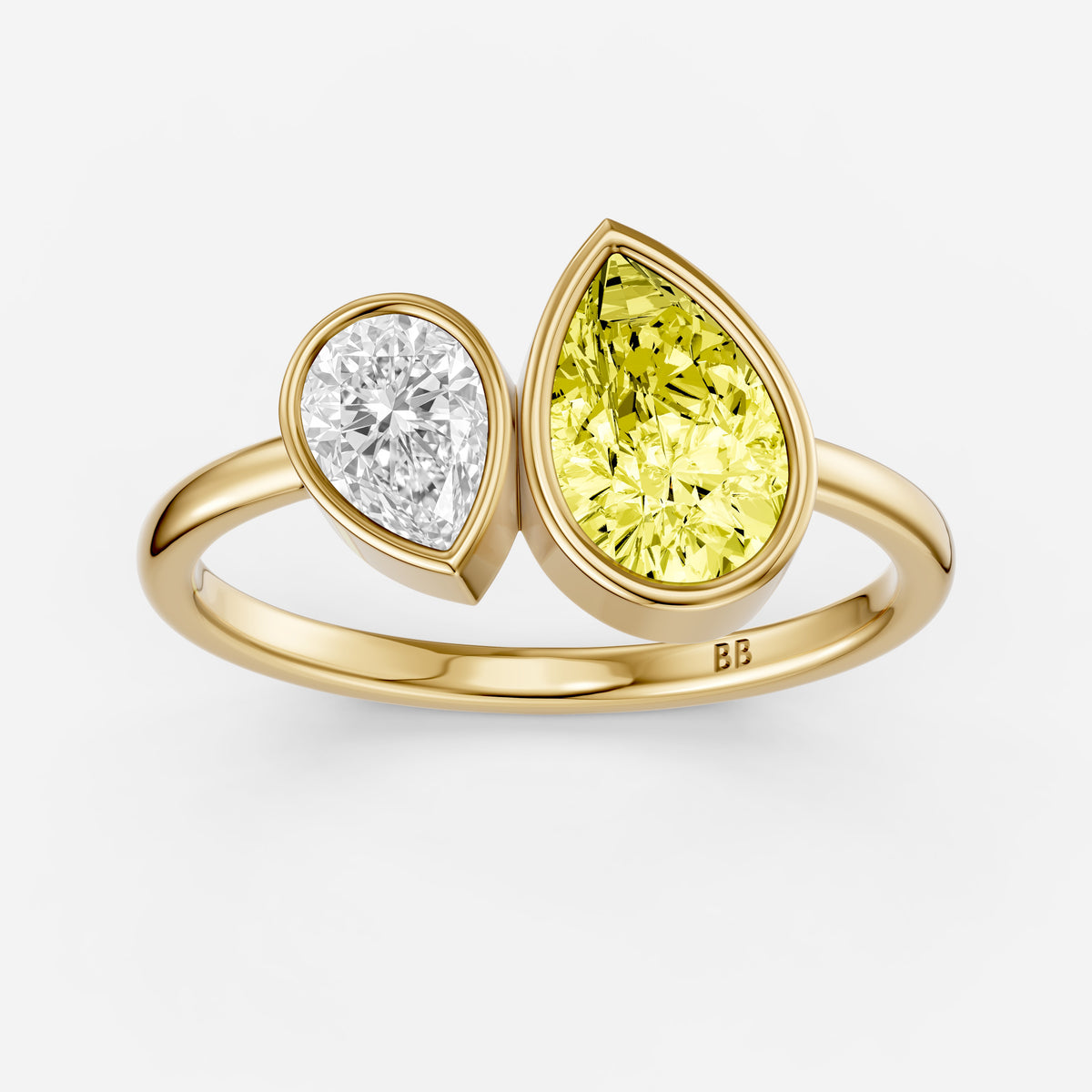 Fiora Yellow and White Pear Cut Colored Lab Grown Diamond Toi et Moi Bezel Ring