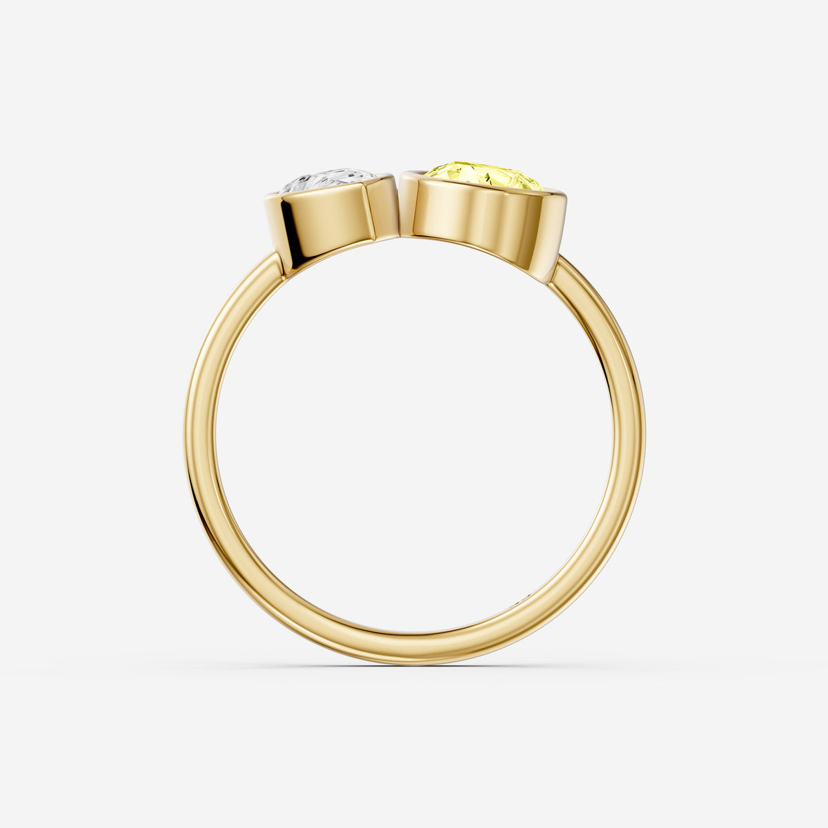 Fiora Yellow and White Pear Cut Colored Lab Grown Diamond Toi et Moi Bezel Ring