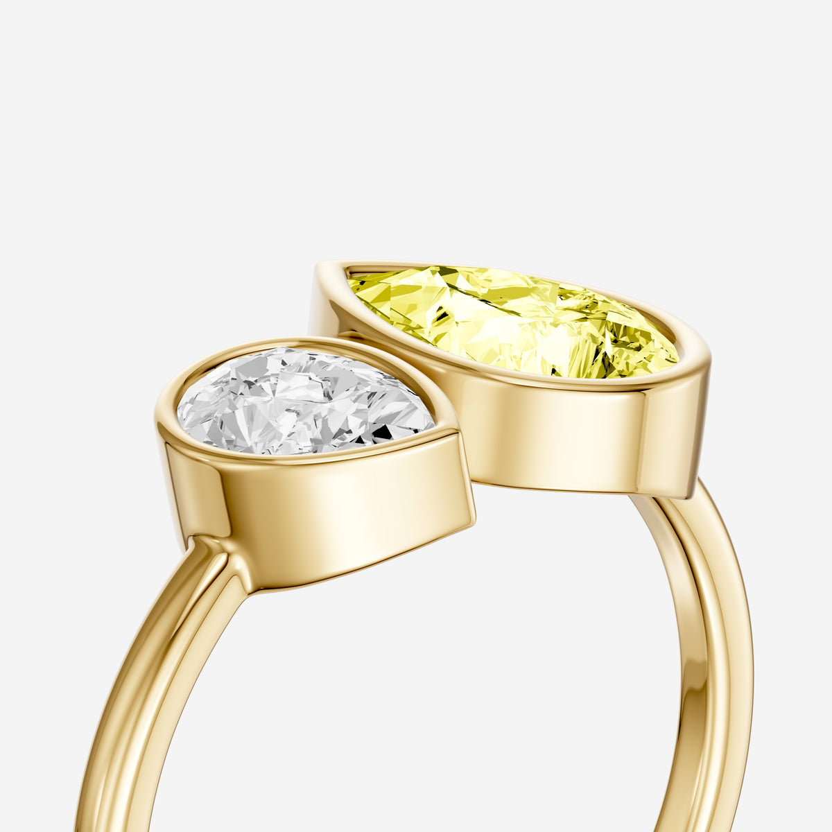 Fiora Yellow and White Pear Cut Colored Lab Grown Diamond Toi et Moi Bezel Ring