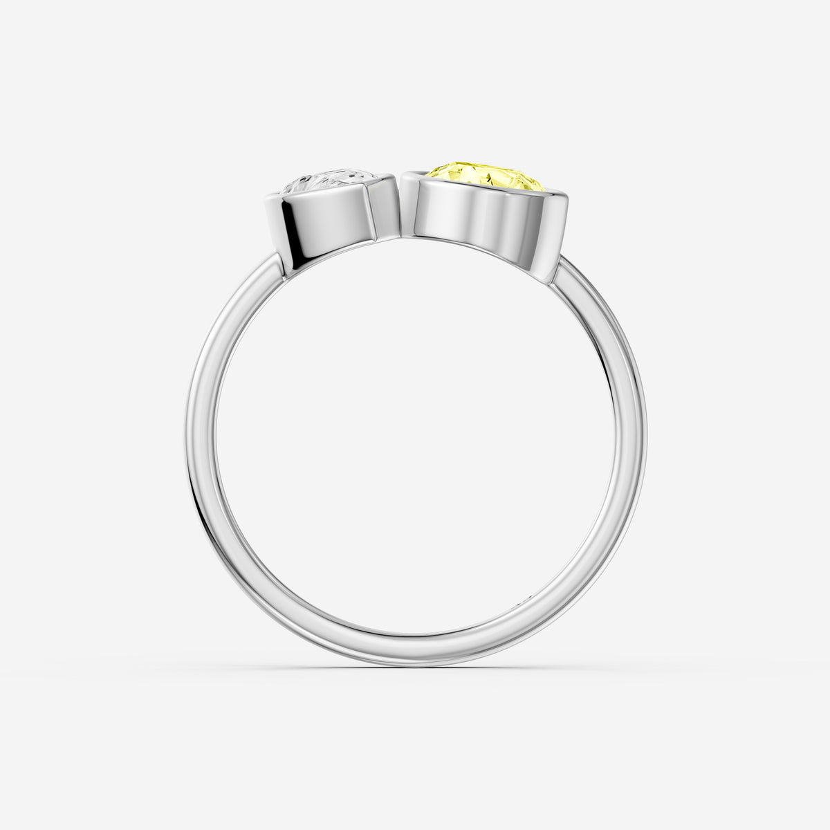 Fiora Yellow and White Pear Cut Colored Lab Grown Diamond Toi et Moi Bezel Ring