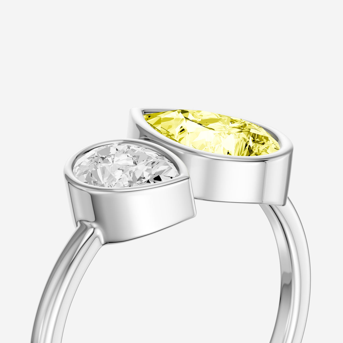 Fiora Yellow and White Pear Cut Colored Lab Grown Diamond Toi et Moi Bezel Ring