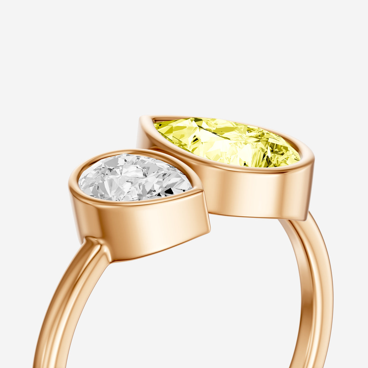 Fiora Yellow and White Pear Cut Colored Lab Grown Diamond Toi et Moi Bezel Ring
