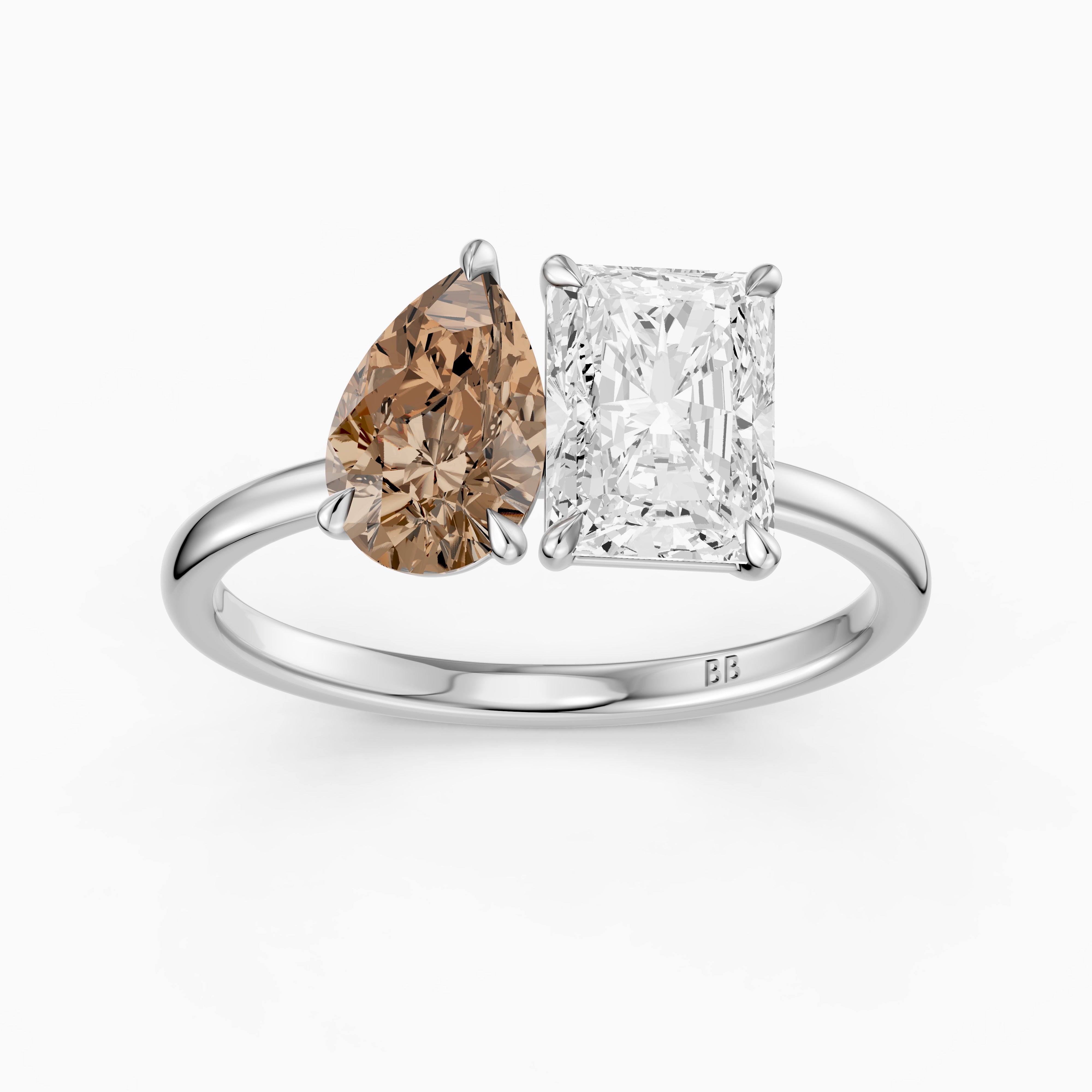 Saskia Champagne Pear and Radiant Cut Colored Lab Grown Diamond Toi et Moi Ring