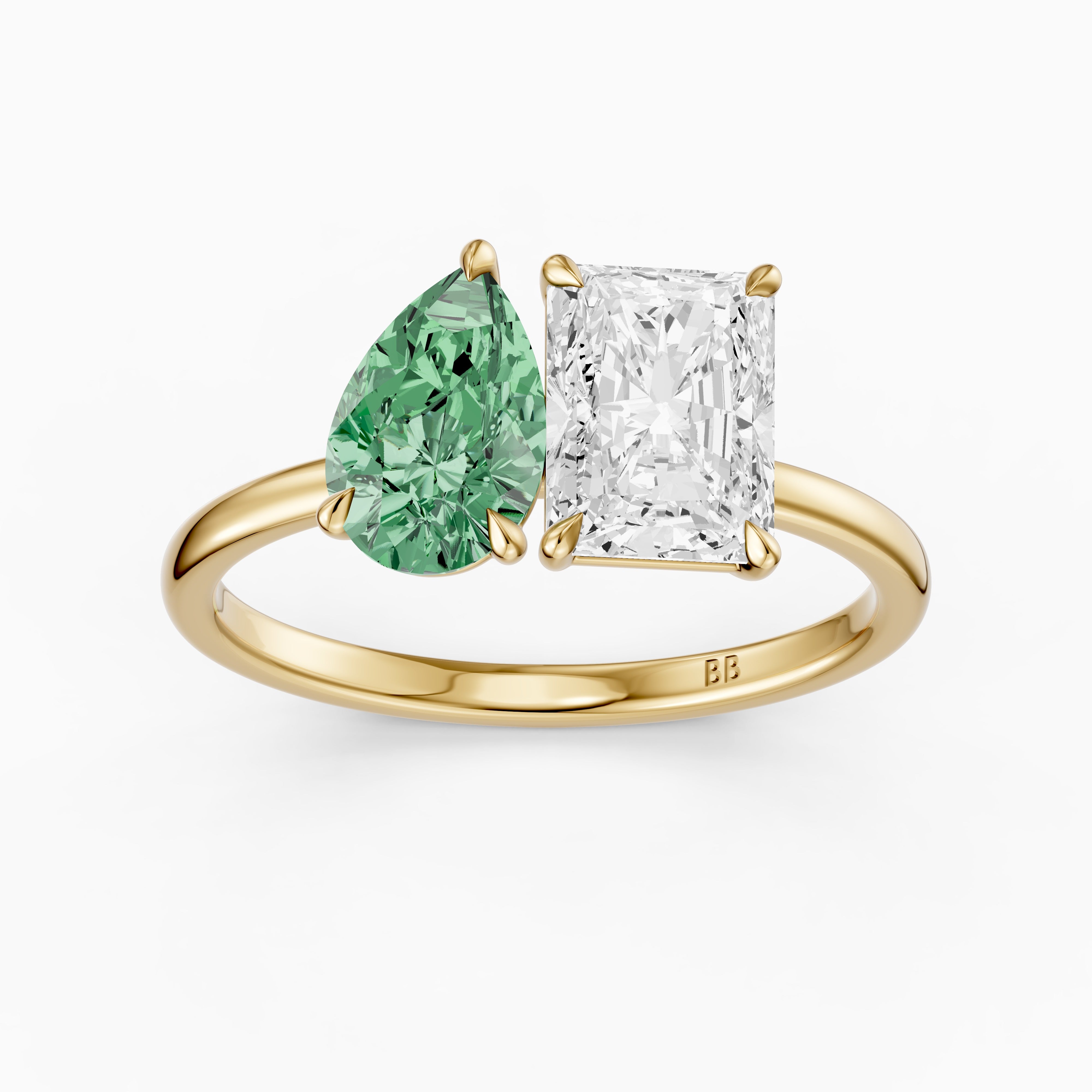 Wenna Green Pear and Radiant Cut Colored Lab Grown Diamond Toi et Moi Ring