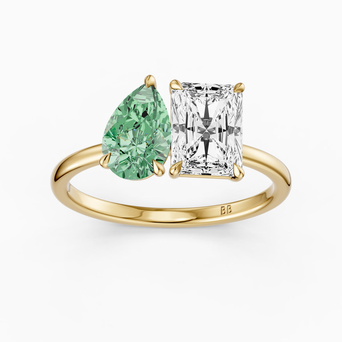 Wenna Green Pear and Radiant Cut Colored Lab Grown Diamond Toi et Moi Ring