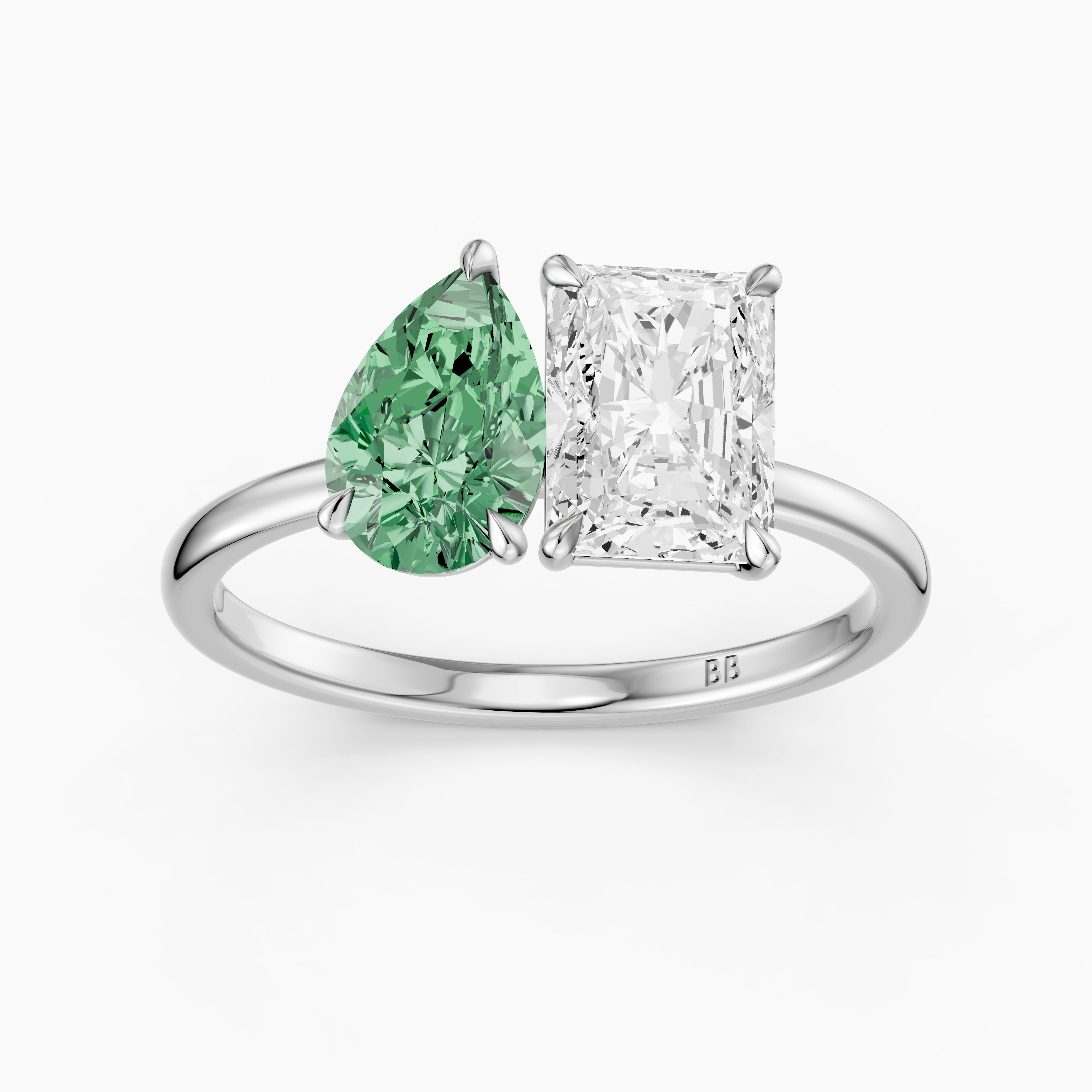 Wenna Green Pear and Radiant Cut Colored Lab Grown Diamond Toi et Moi Ring