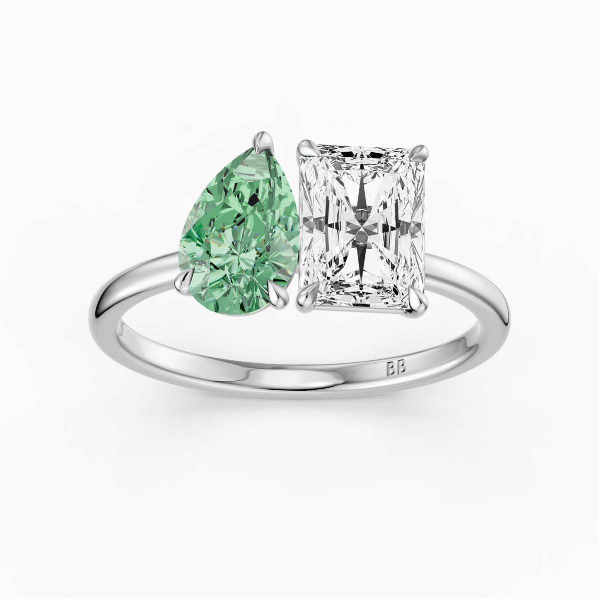 Wenna Green Pear and Radiant Cut Colored Lab Grown Diamond Toi et Moi Ring