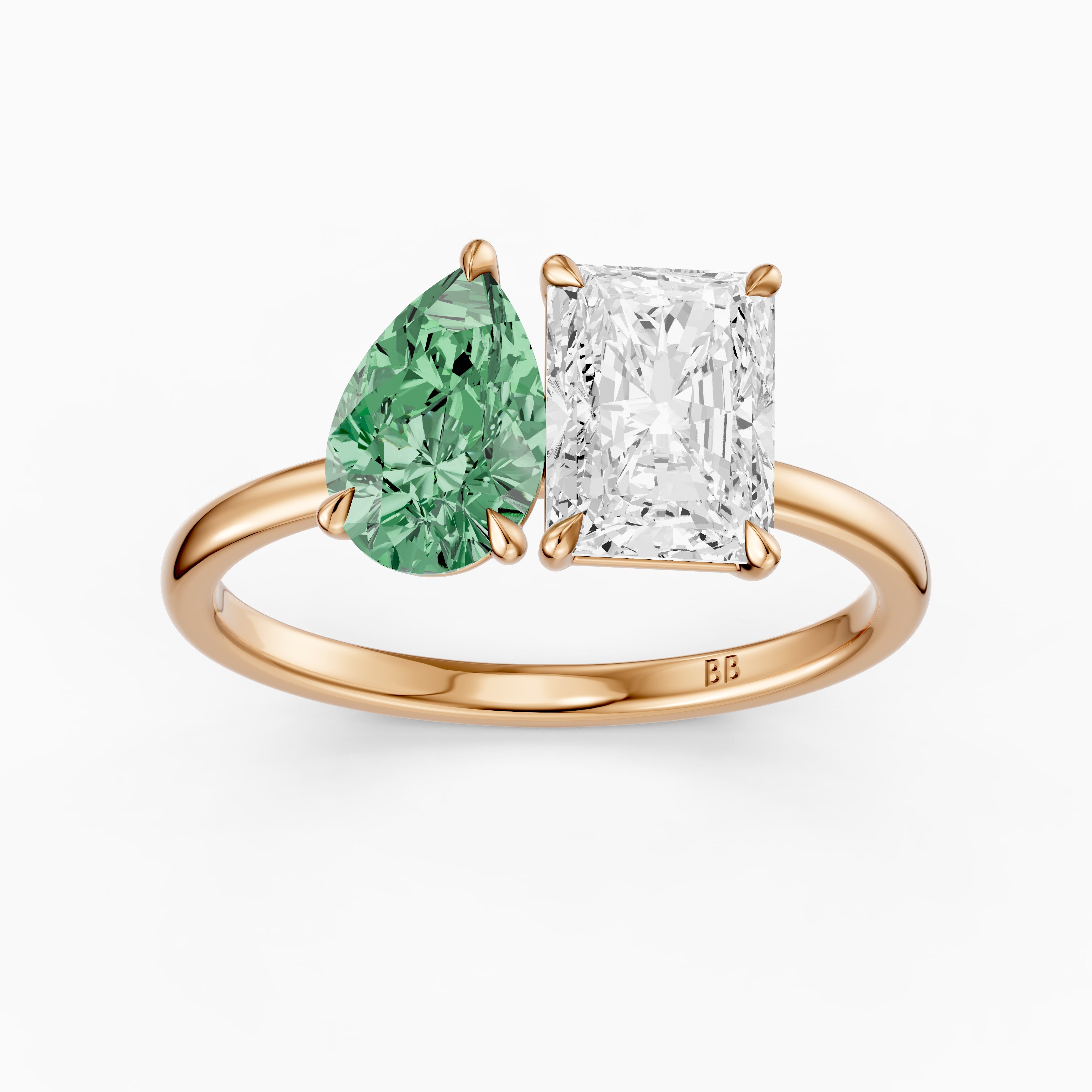 Wenna Green Pear and Radiant Cut Colored Lab Grown Diamond Toi et Moi Ring