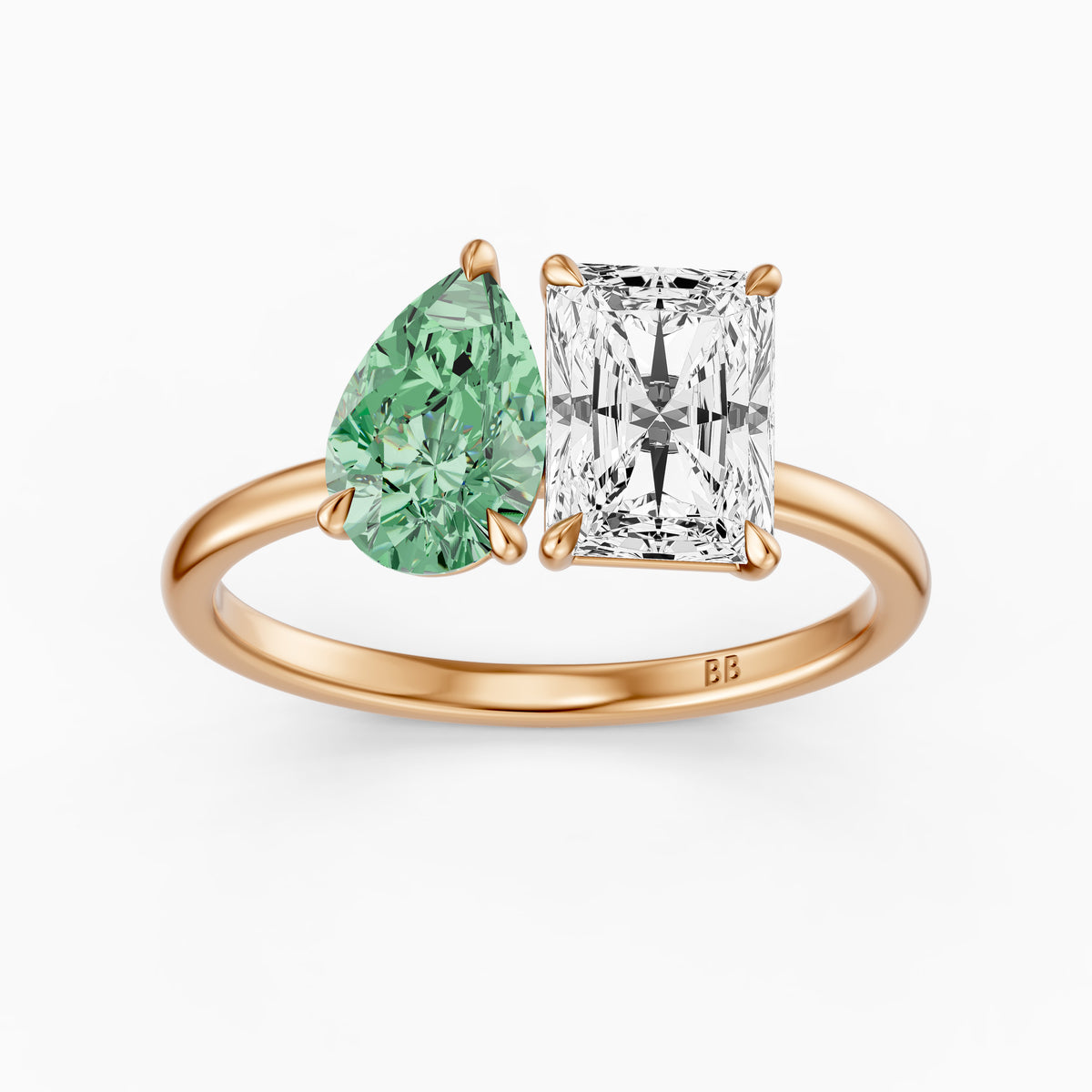 Wenna Green Pear and Radiant Cut Colored Lab Grown Diamond Toi et Moi Ring