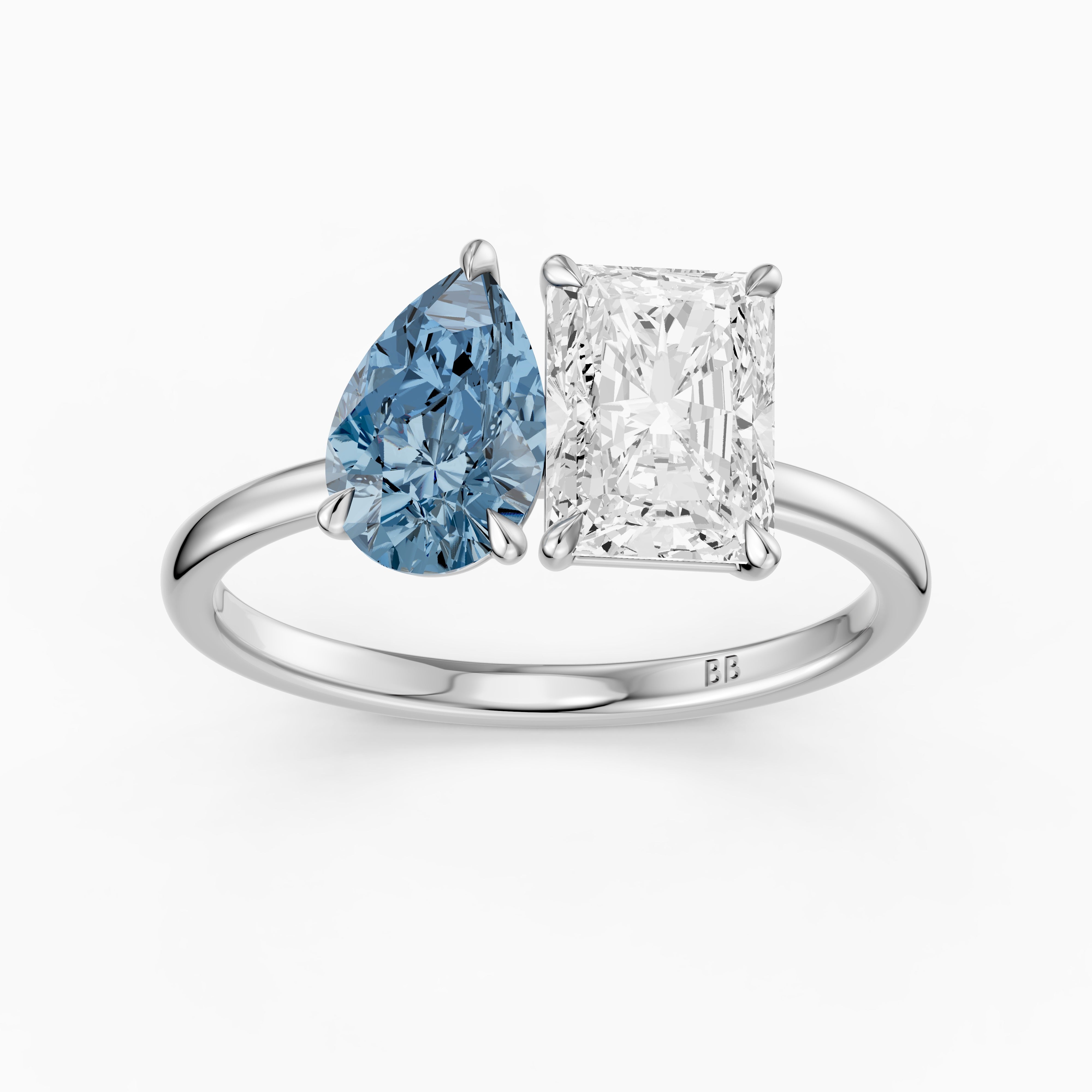 Eulalia Blue Pear and Radiant Cut Colored Lab Grown Diamond Toi et Moi Ring