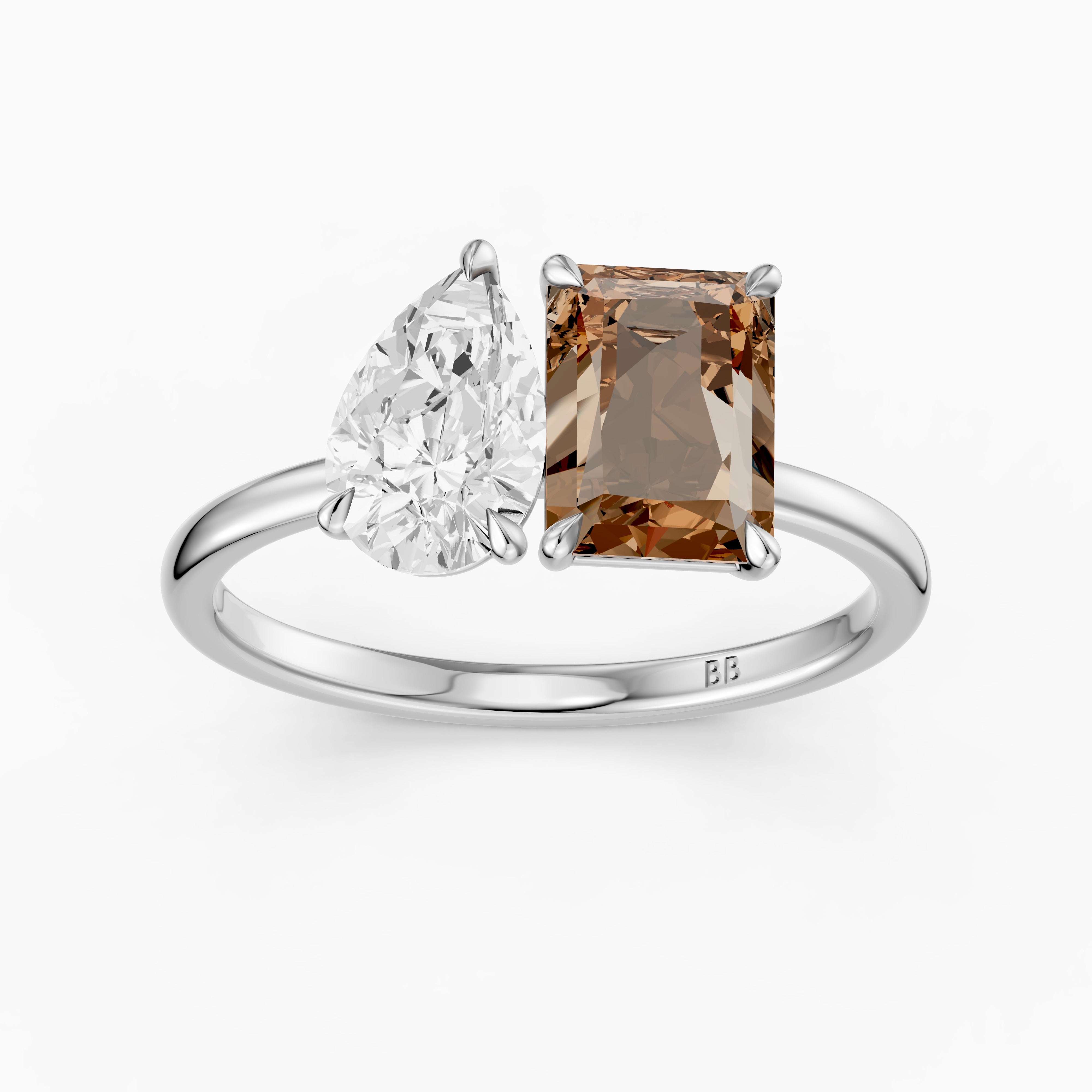 Cintia Champagne Radiant and Pear Cut Colored Lab Grown Diamond Toi et Moi Ring