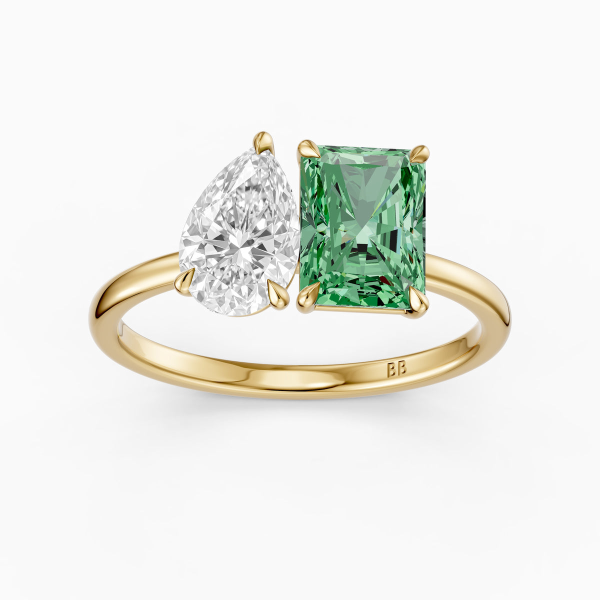 Cybele Green Radiant and Pear Cut Colored Lab Grown Diamond Toi et Moi Ring