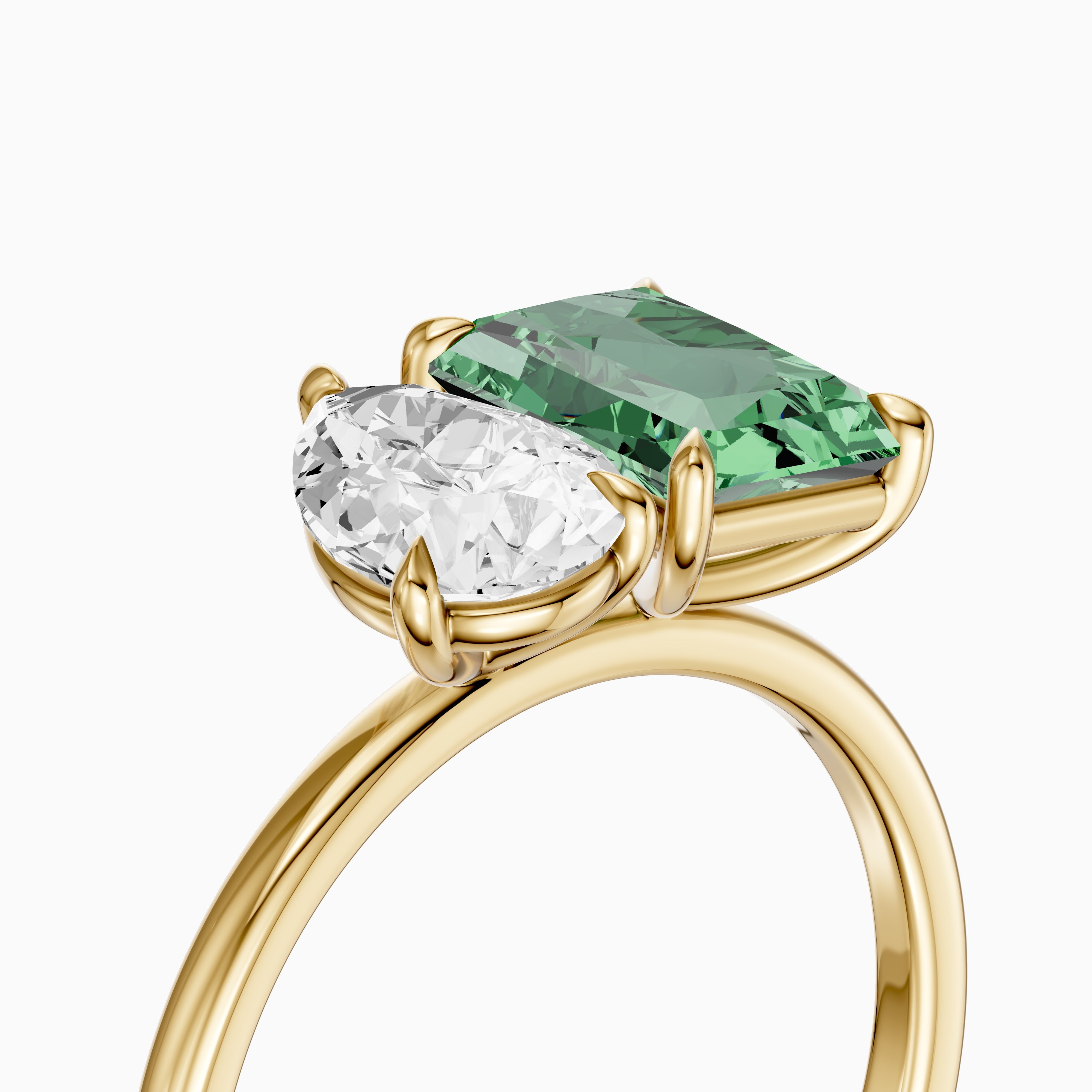 Cybele Green Radiant and Pear Cut Colored Lab Grown Diamond Toi et Moi Ring