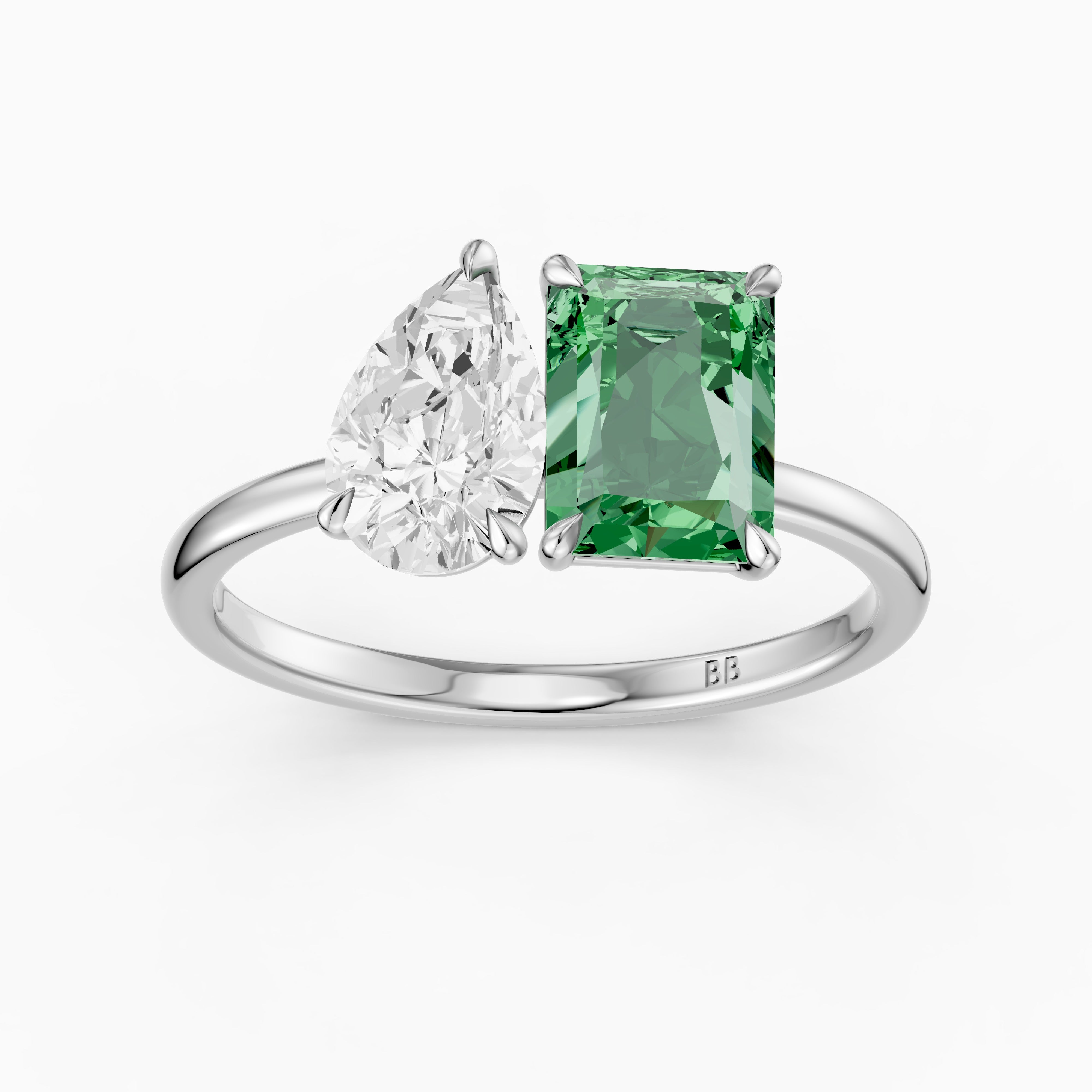 Cybele Green Radiant and Pear Cut Colored Lab Grown Diamond Toi et Moi Ring