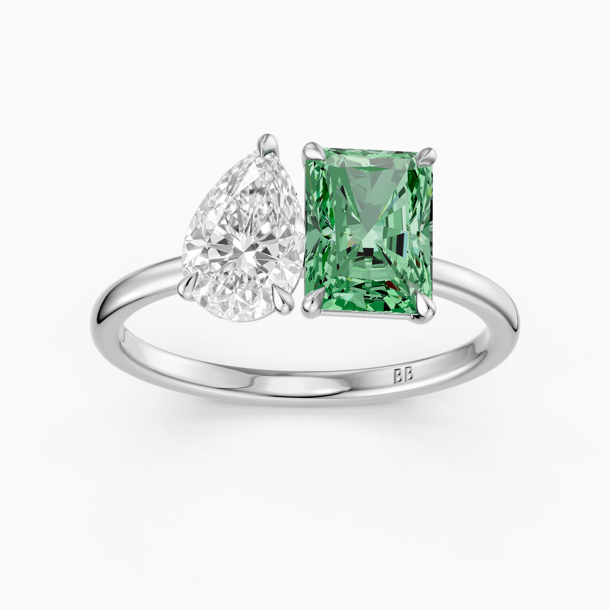 Cybele Green Radiant and Pear Cut Colored Lab Grown Diamond Toi et Moi Ring