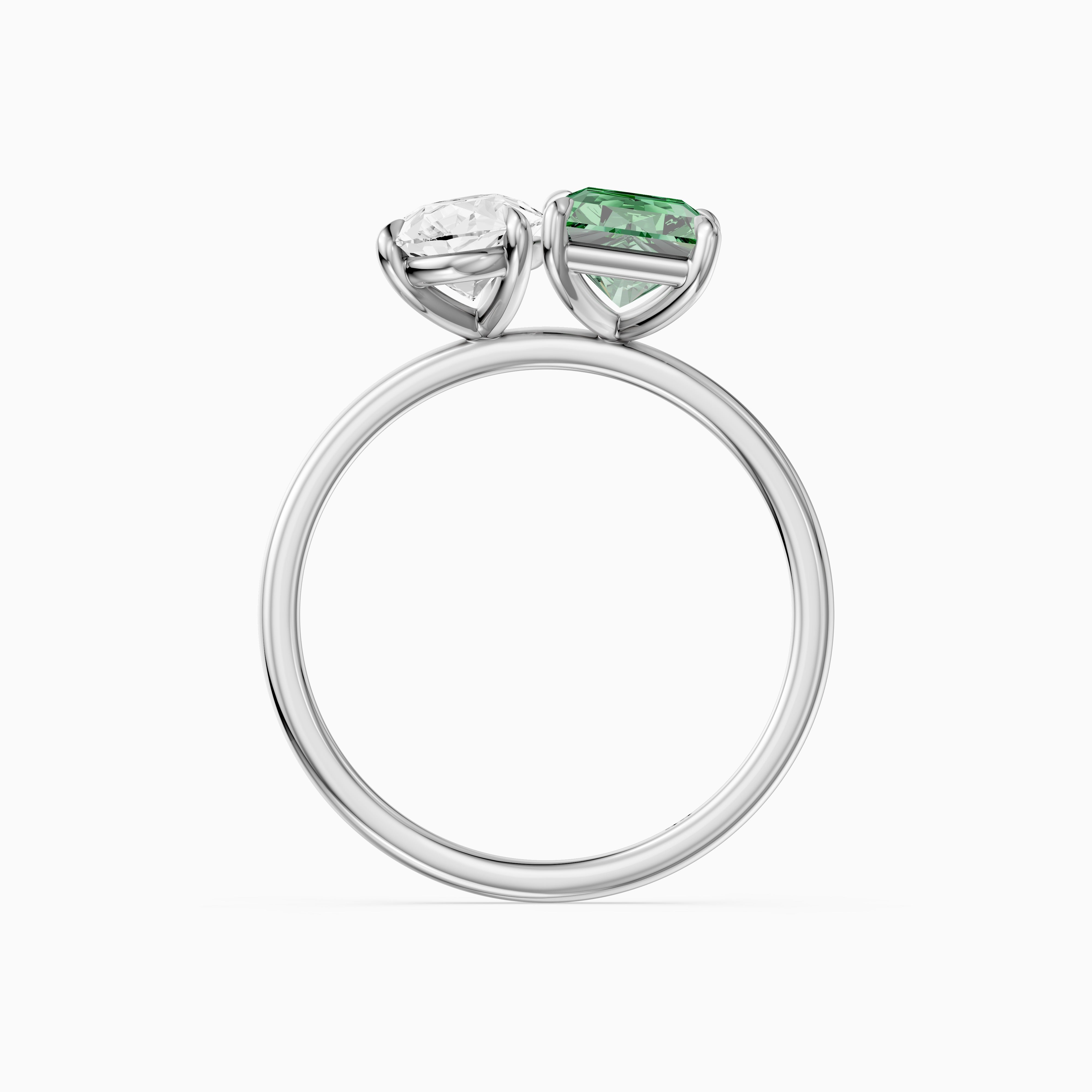 Cybele Green Radiant and Pear Cut Colored Lab Grown Diamond Toi et Moi Ring