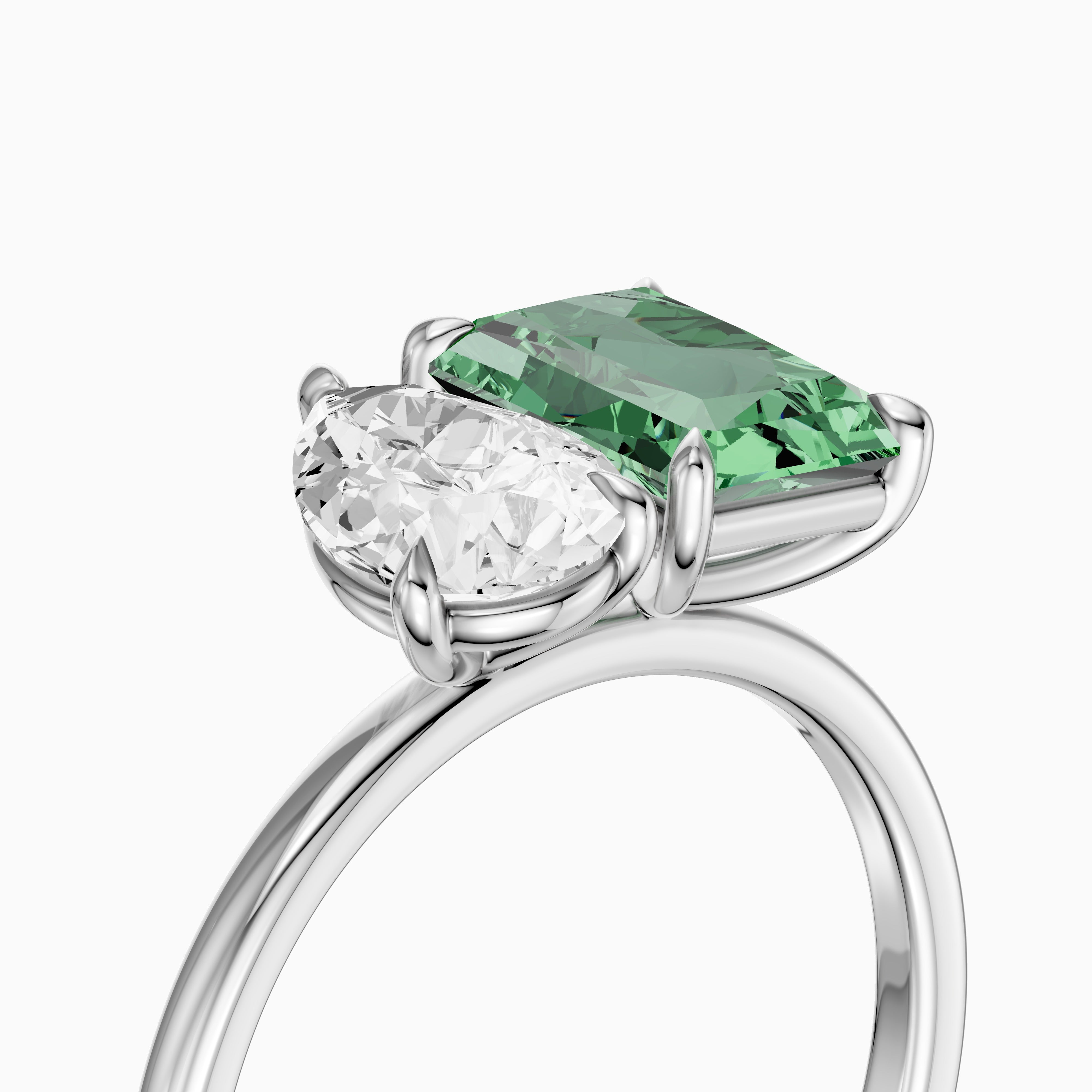 Cybele Green Radiant and Pear Cut Colored Lab Grown Diamond Toi et Moi Ring