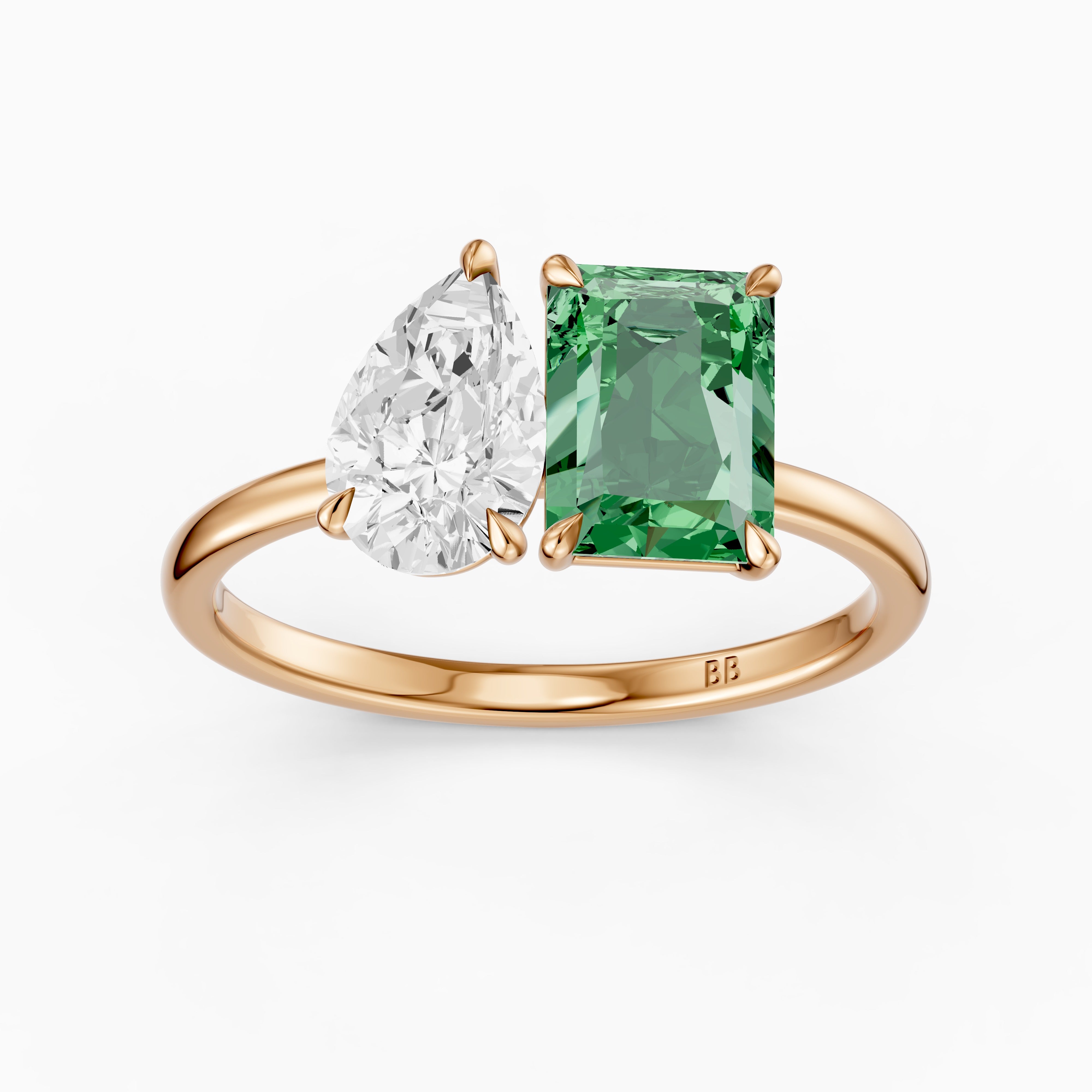 Cybele Green Radiant and Pear Cut Colored Lab Grown Diamond Toi et Moi Ring