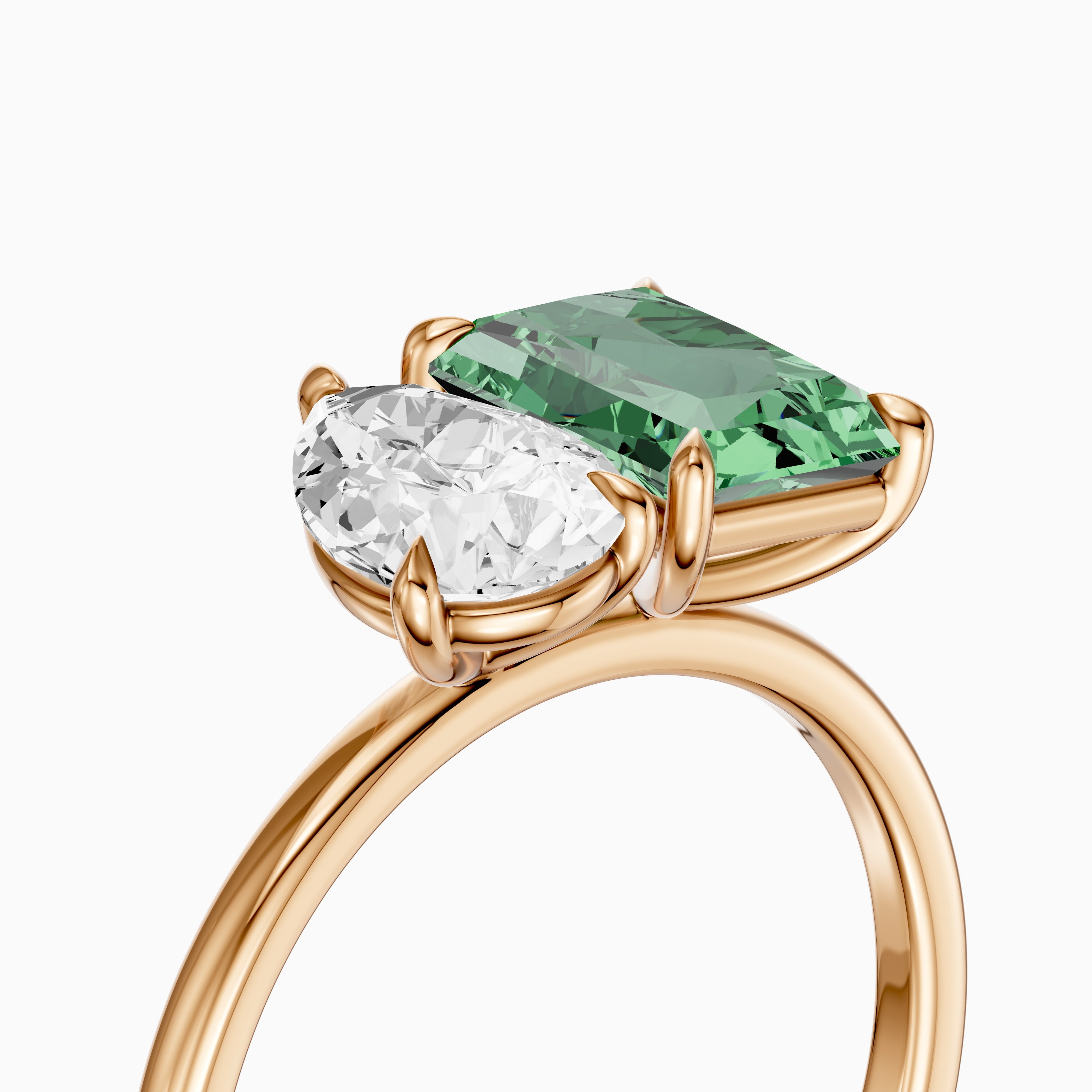 Cybele Green Radiant and Pear Cut Colored Lab Grown Diamond Toi et Moi Ring