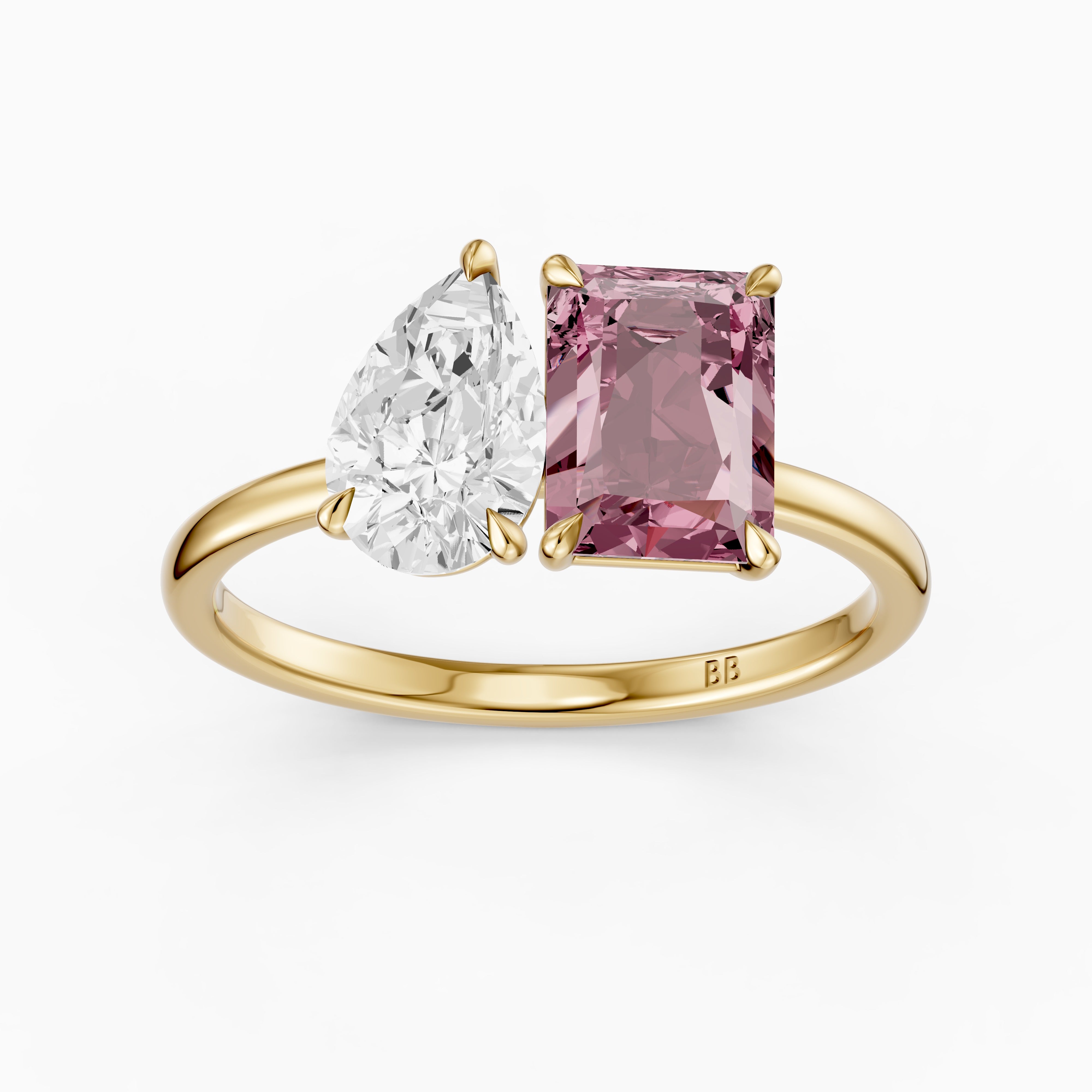 Liis Pink Radiant and Pear Cut Colored Lab Grown Diamond Toi et Moi Ring