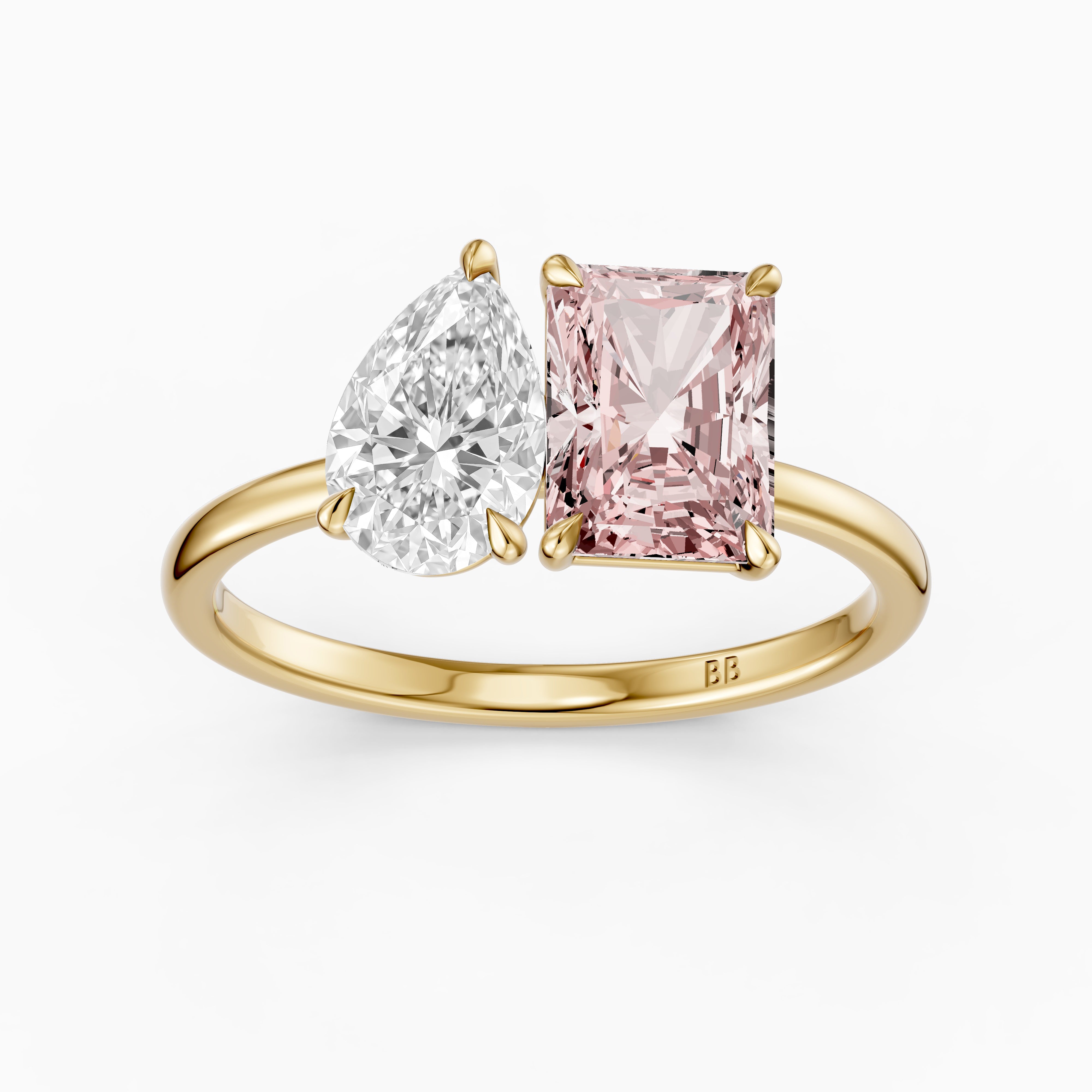 Liis Pink Radiant and Pear Cut Colored Lab Grown Diamond Toi et Moi Ring