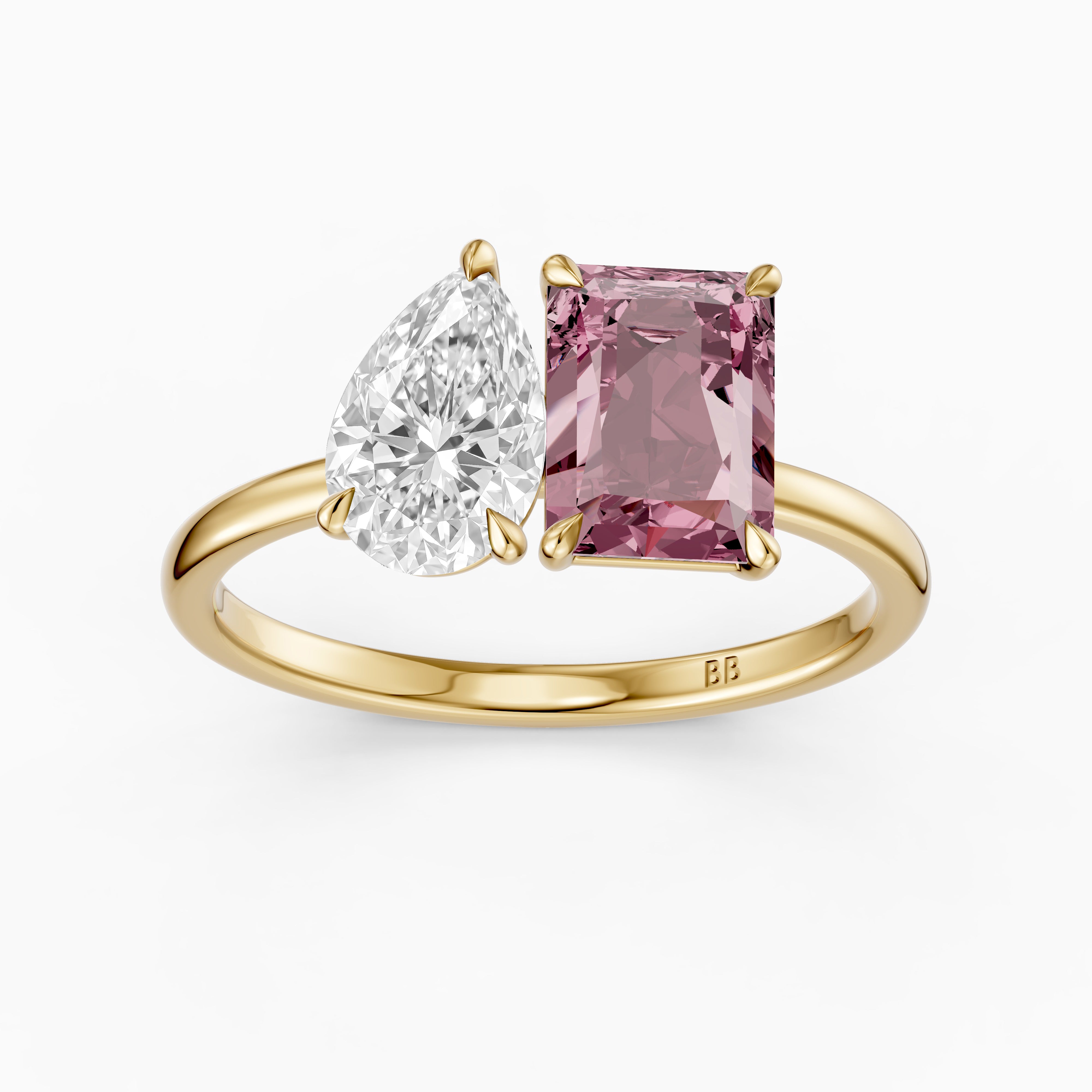 Liis Pink Radiant and Pear Cut Colored Lab Grown Diamond Toi et Moi Ring