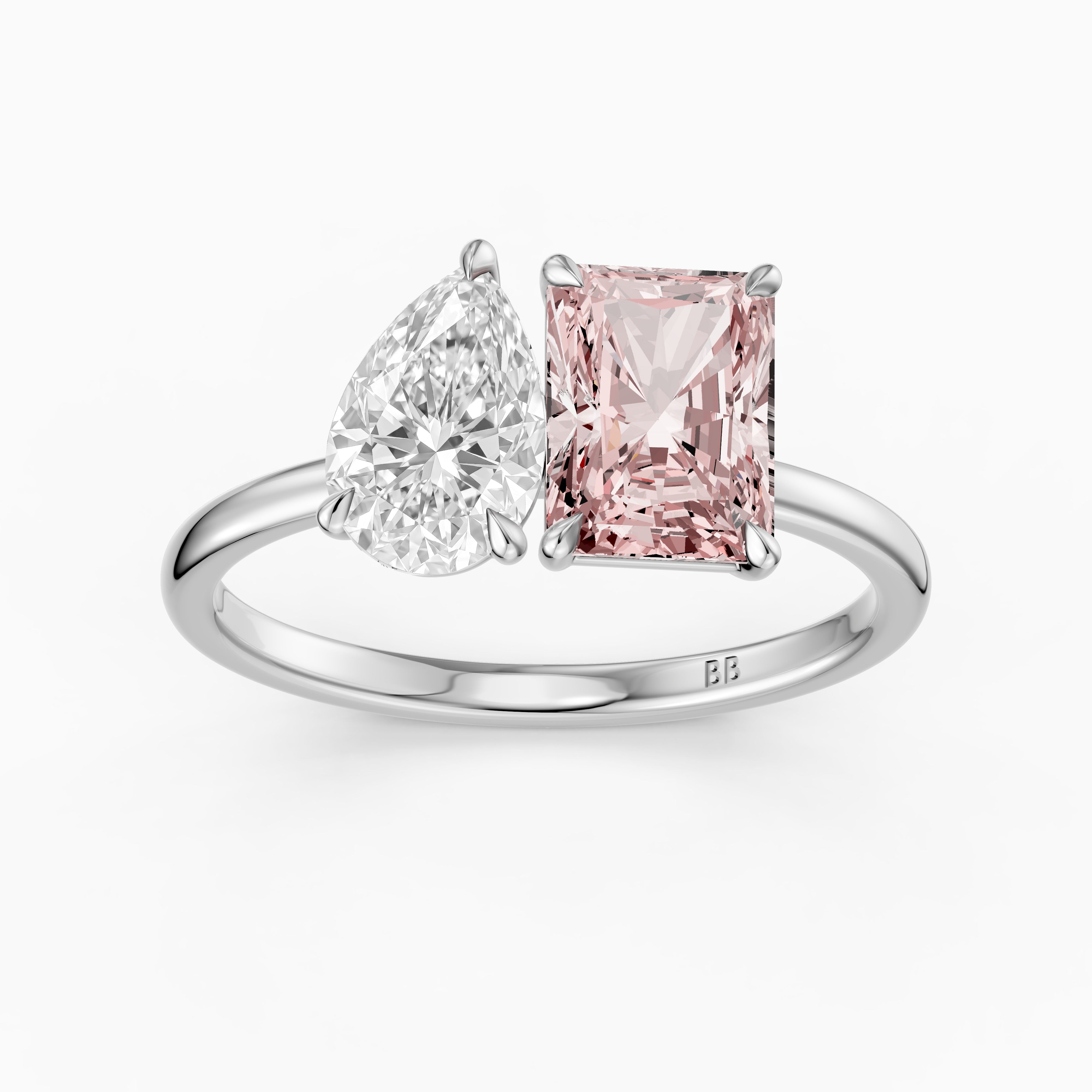 Liis Pink Radiant and Pear Cut Colored Lab Grown Diamond Toi et Moi Ring