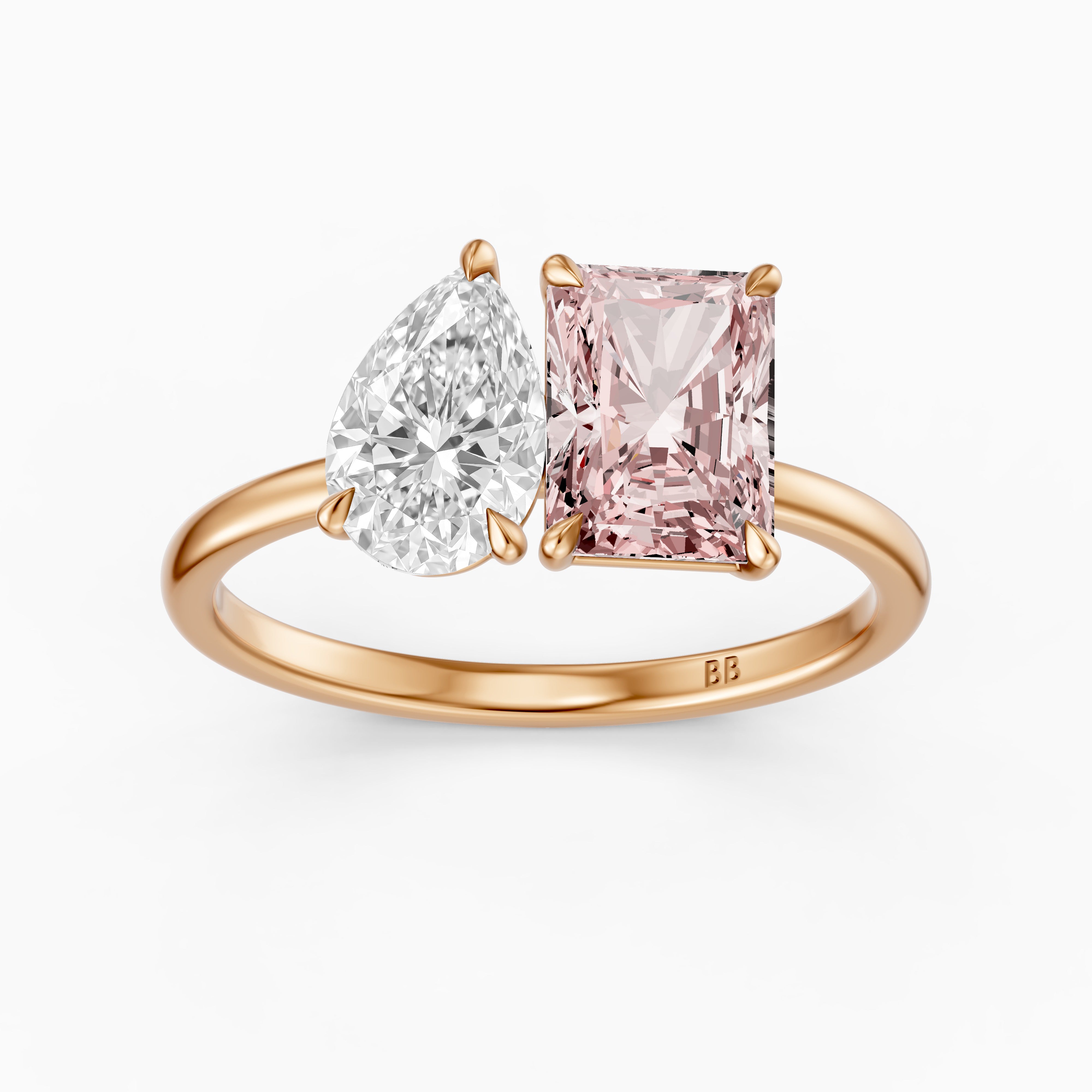 Liis Pink Radiant and Pear Cut Colored Lab Grown Diamond Toi et Moi Ring