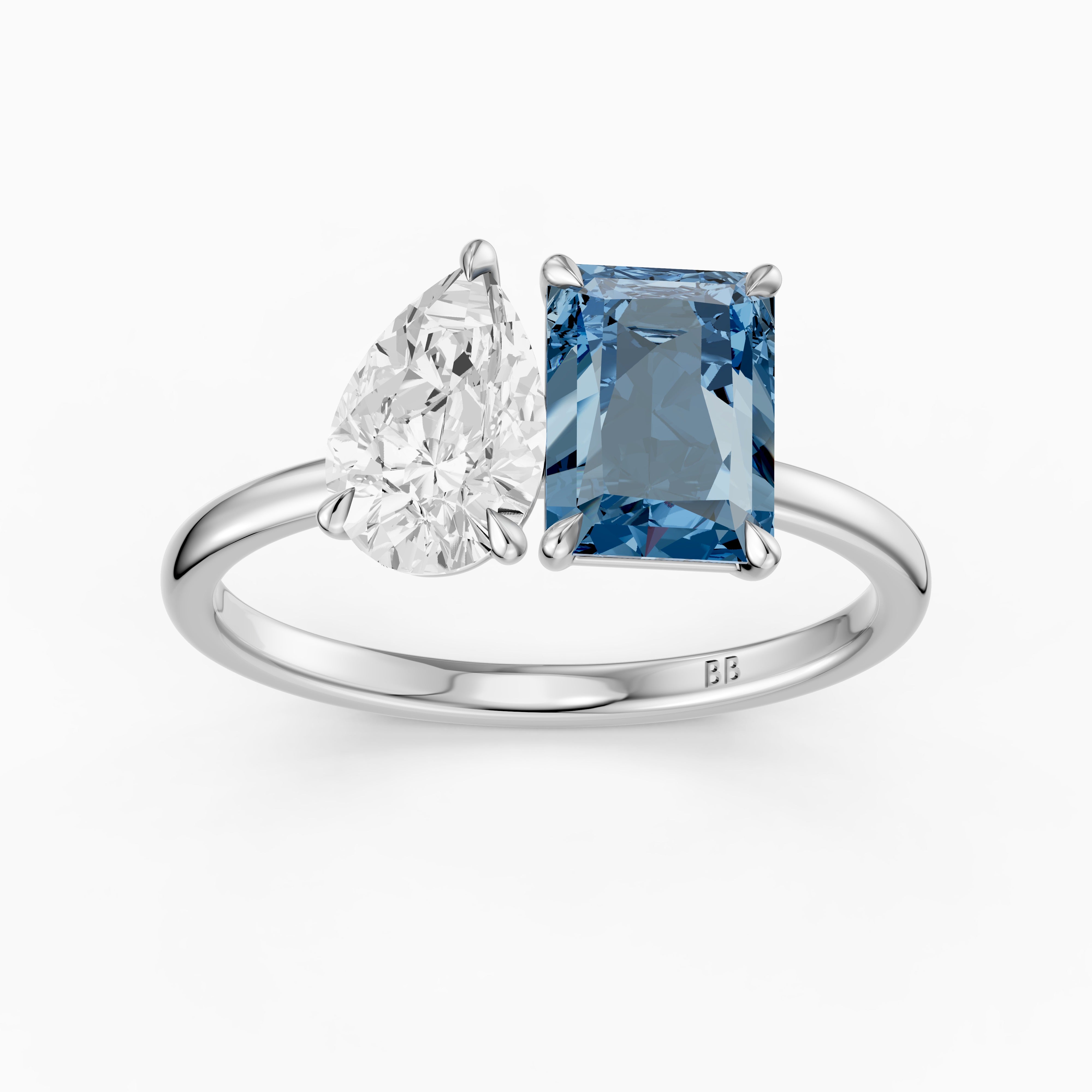 Milica Blue Radiant and Pear Cut Colored Lab Grown Diamond Toi et Moi Ring