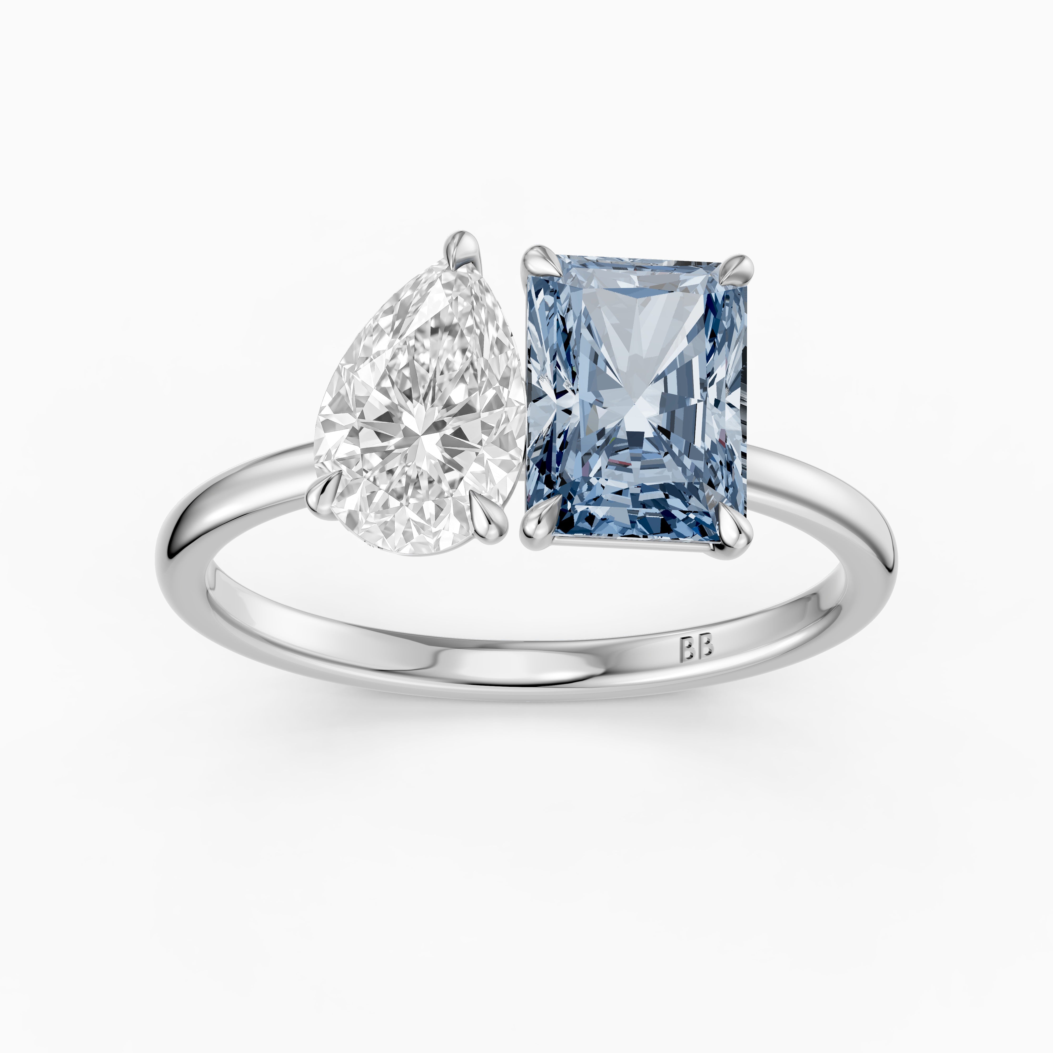 Milica Blue Radiant and Pear Cut Colored Lab Grown Diamond Toi et Moi Ring