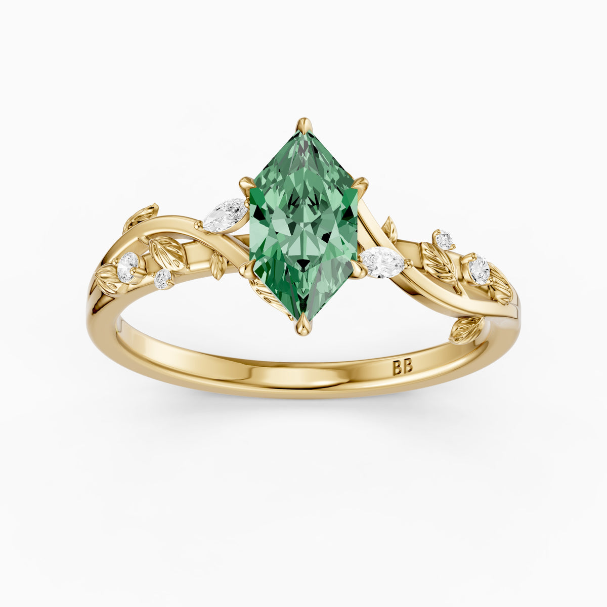 Finley Dutch Marquise Green Lab Grown Diamond Ring with Leaf Vine Band