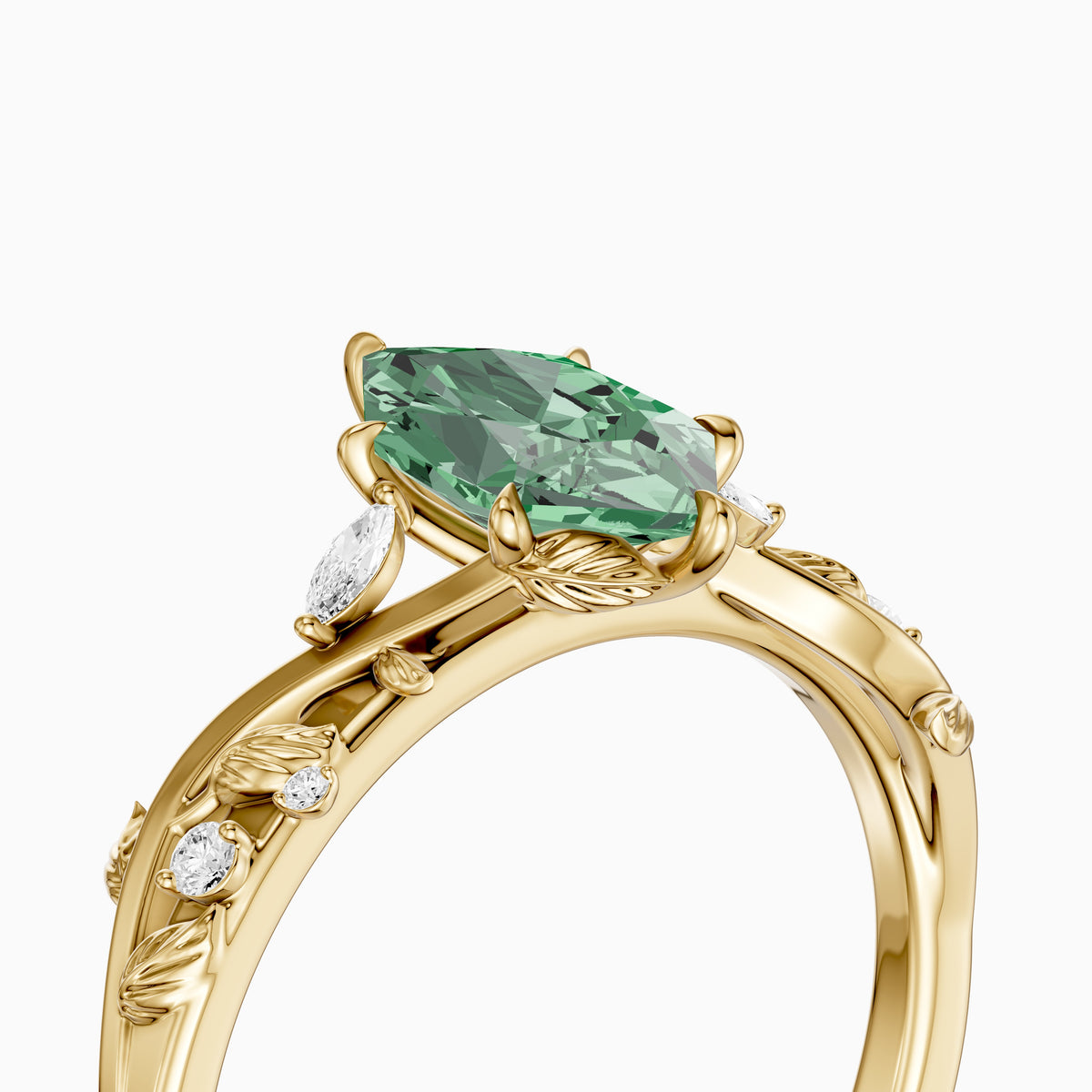 Finley Dutch Marquise Green Lab Grown Diamond Ring with Leaf Vine Band
