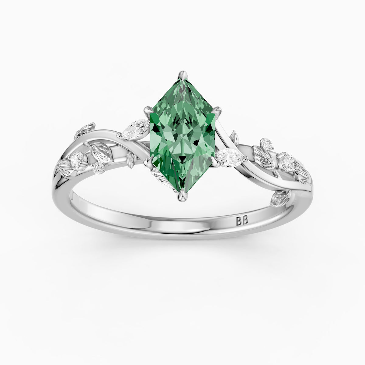 Finley Dutch Marquise Green Lab Grown Diamond Ring with Leaf Vine Band
