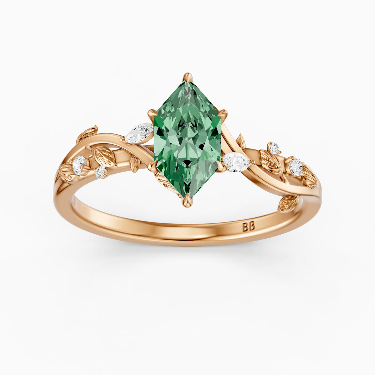 Finley Dutch Marquise Green Lab Grown Diamond Ring with Leaf Vine Band