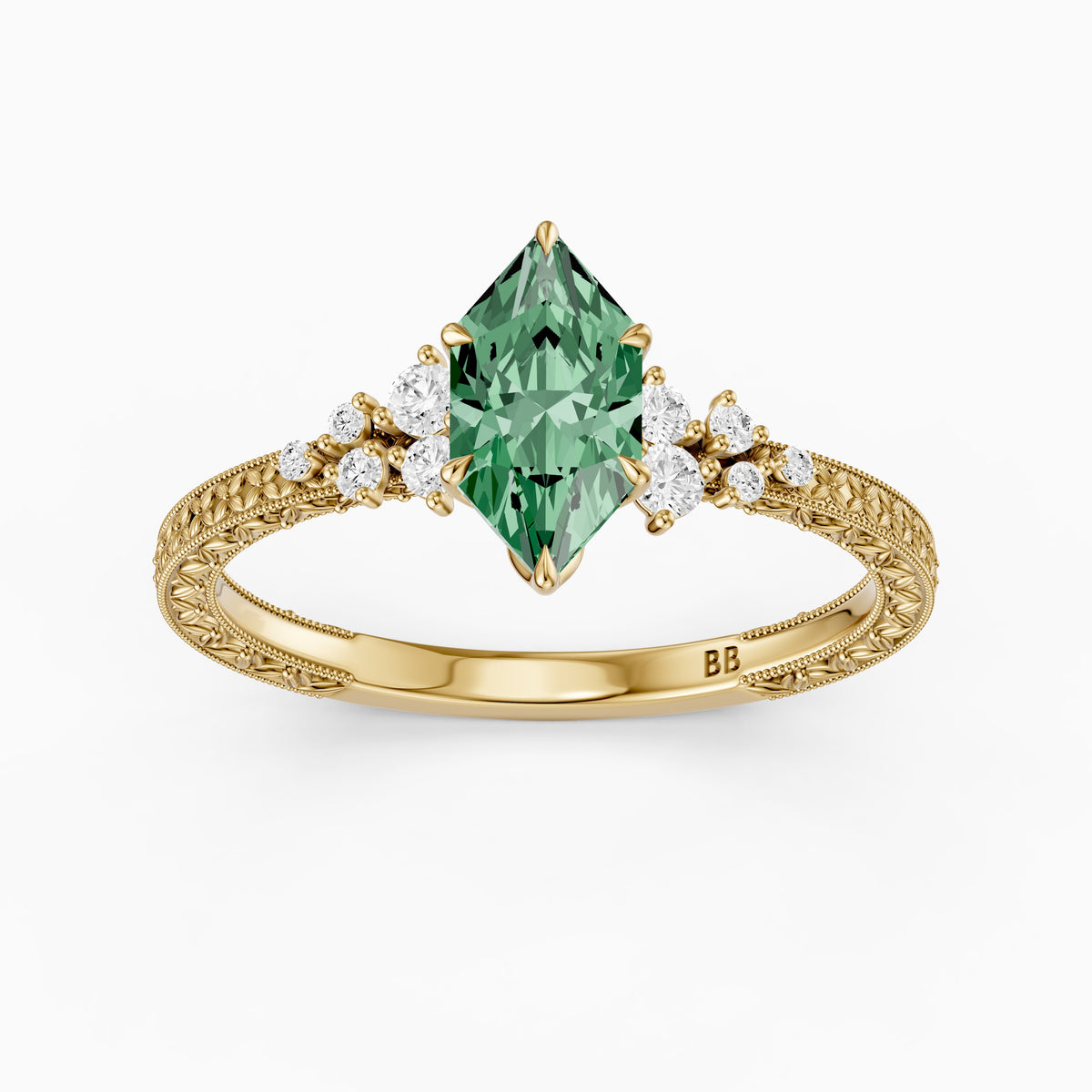 Jenna Dutch Marquise Green Lab Grown Diamond Vintage Ring with Milgrain Band