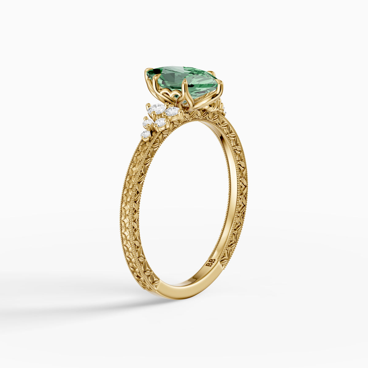Jenna Dutch Marquise Green Lab Grown Diamond Vintage Ring with Milgrain Band