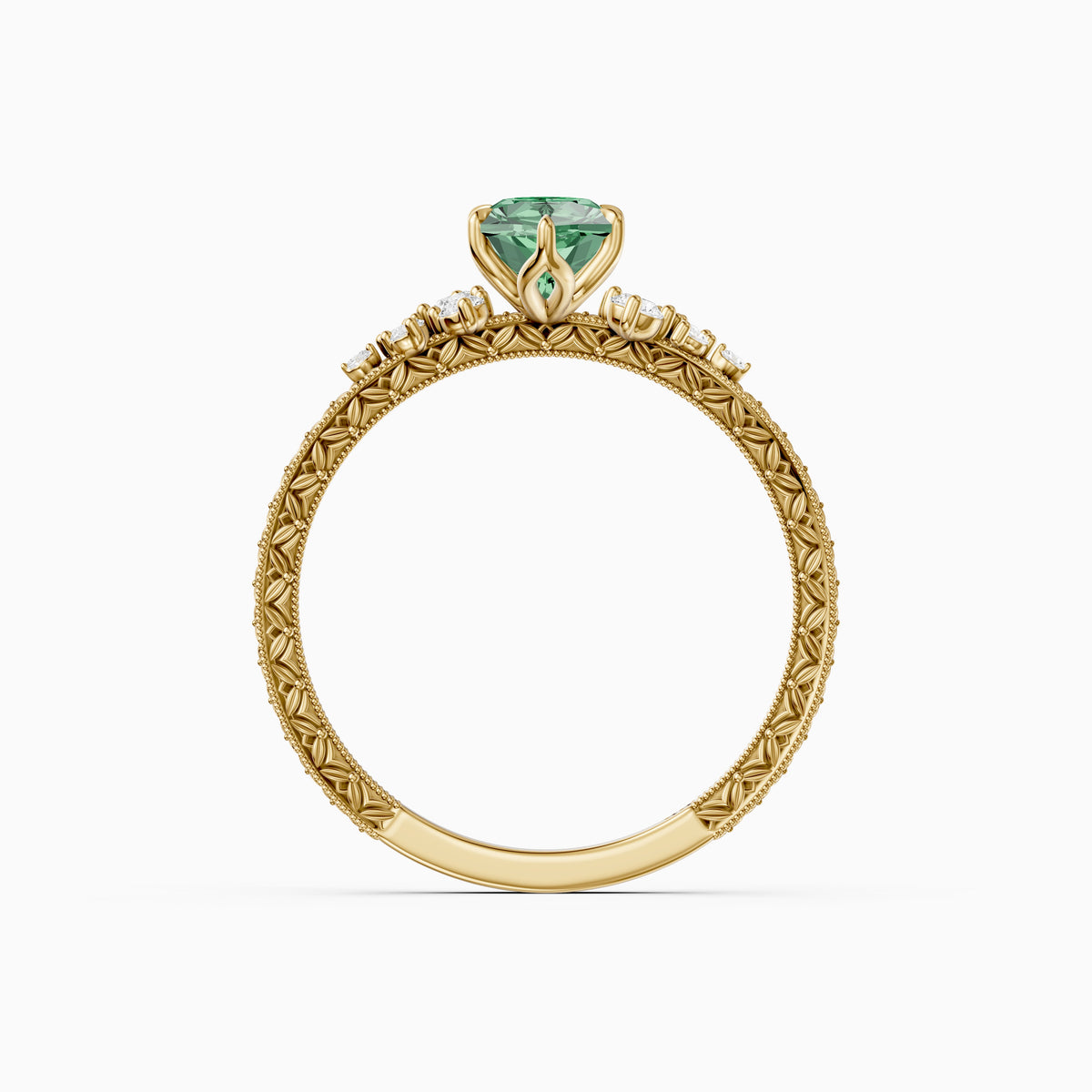 Jenna Dutch Marquise Green Lab Grown Diamond Vintage Ring with Milgrain Band