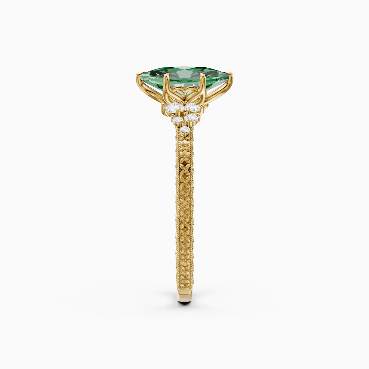 Jenna Dutch Marquise Green Lab Grown Diamond Vintage Ring with Milgrain Band