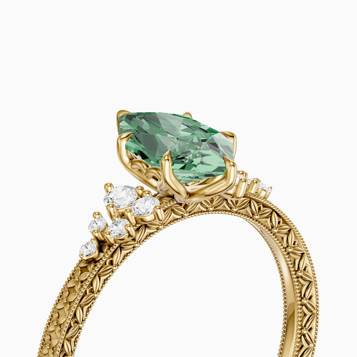 Jenna Dutch Marquise Green Lab Grown Diamond Vintage Ring with Milgrain Band