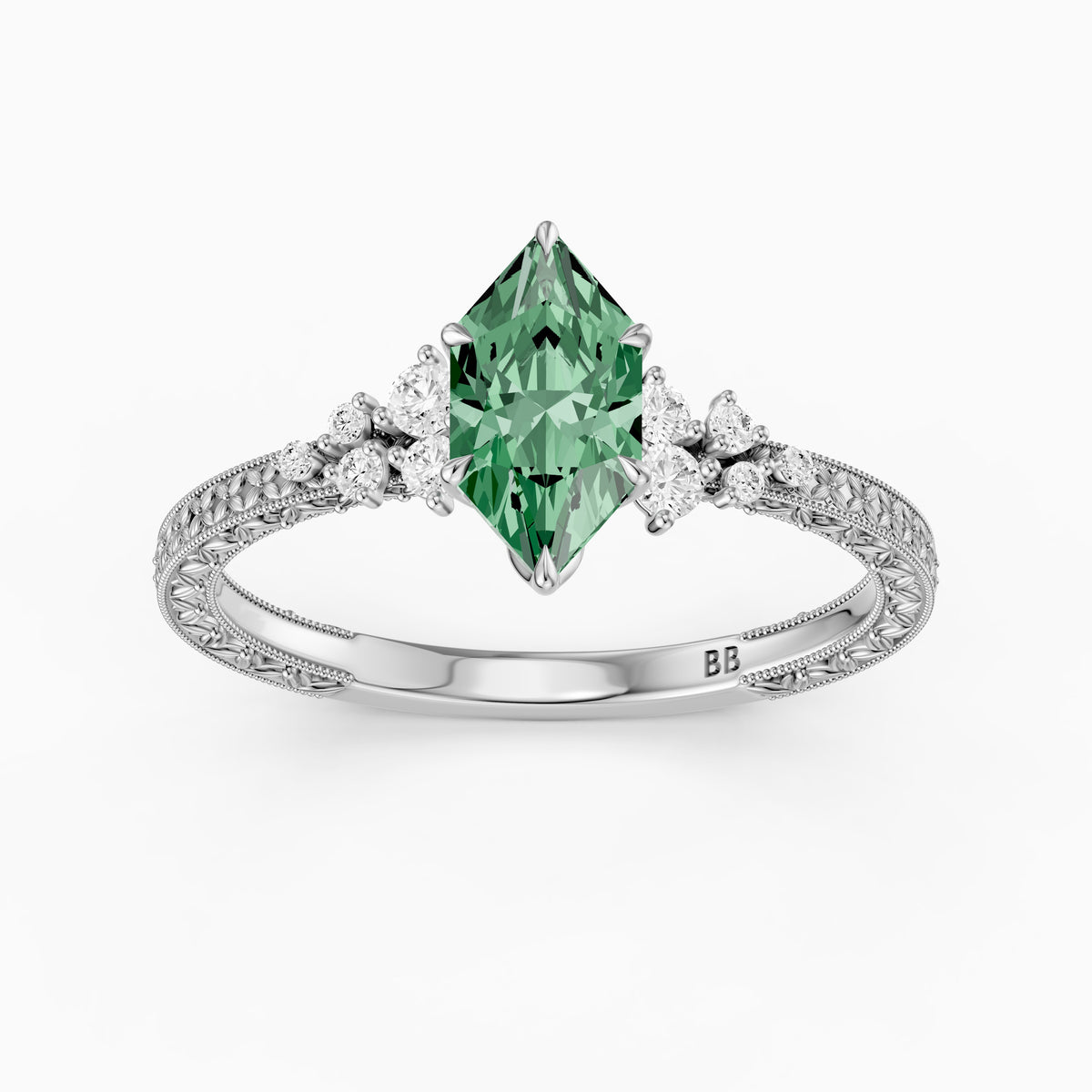 Jenna Dutch Marquise Green Lab Grown Diamond Vintage Ring with Milgrain Band