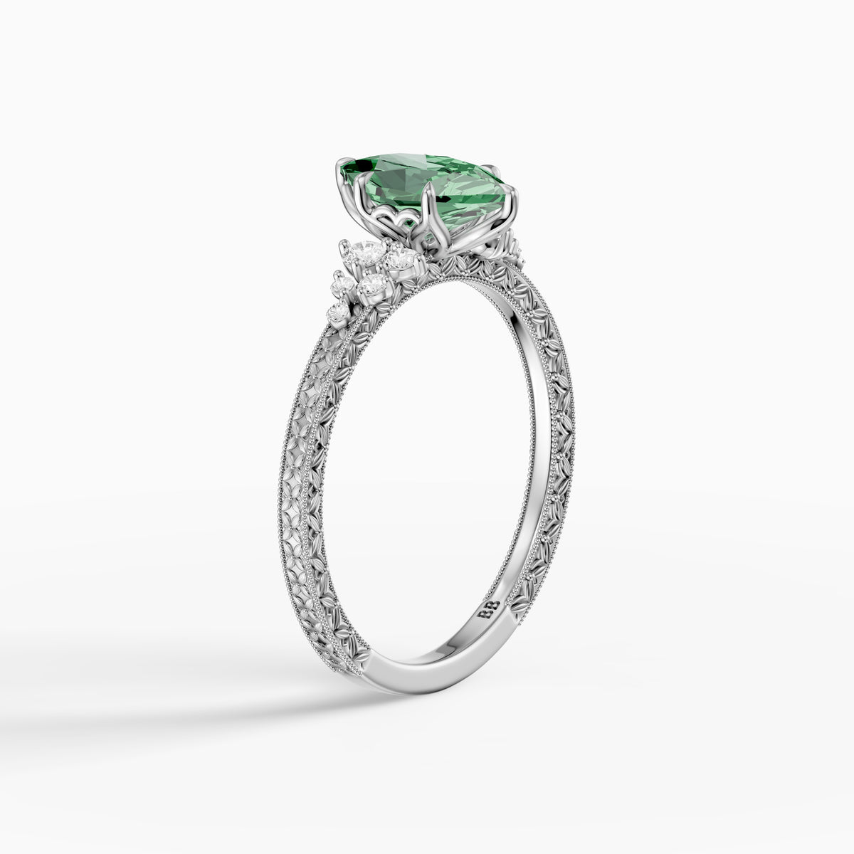 Jenna Dutch Marquise Green Lab Grown Diamond Vintage Ring with Milgrain Band