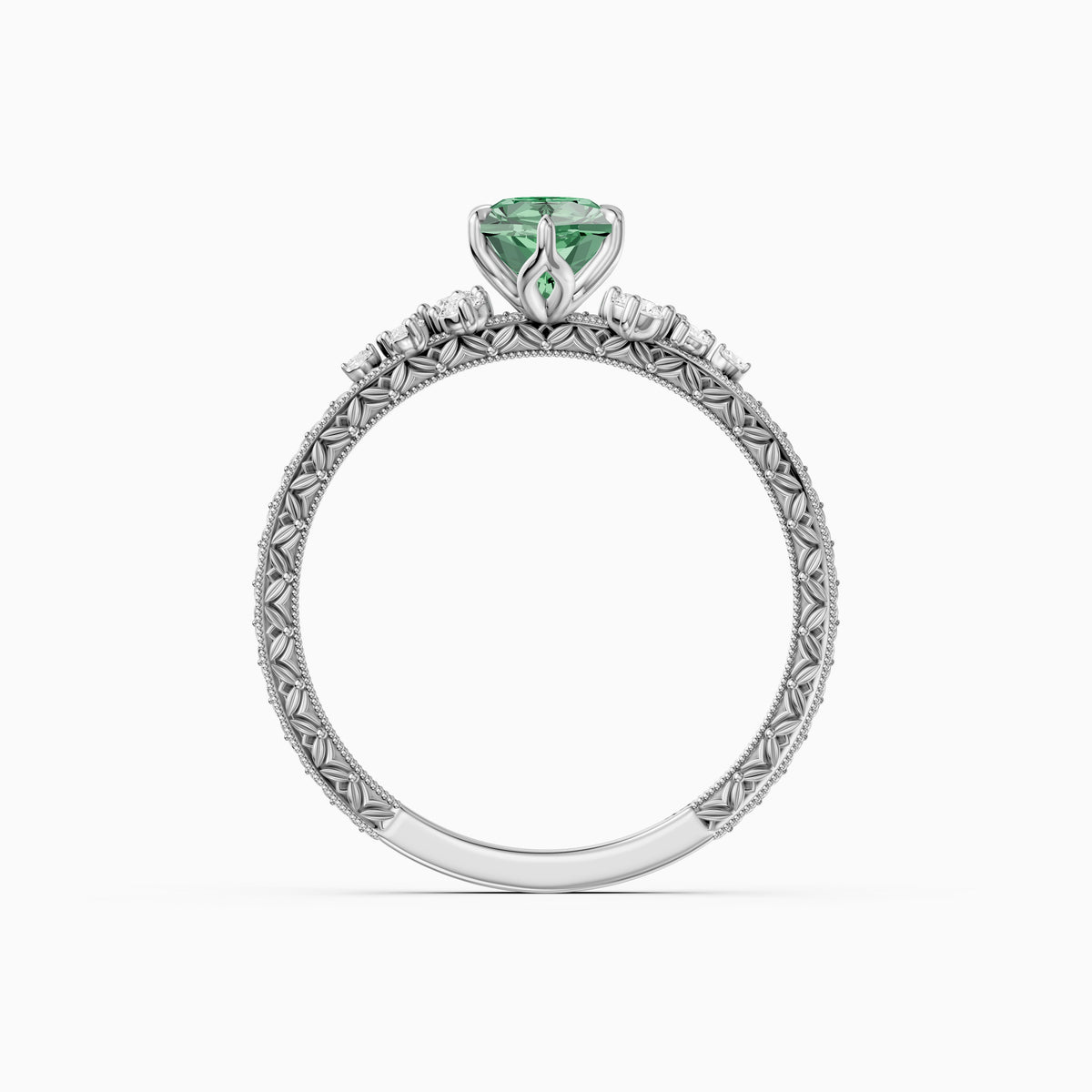 Jenna Dutch Marquise Green Lab Grown Diamond Vintage Ring with Milgrain Band