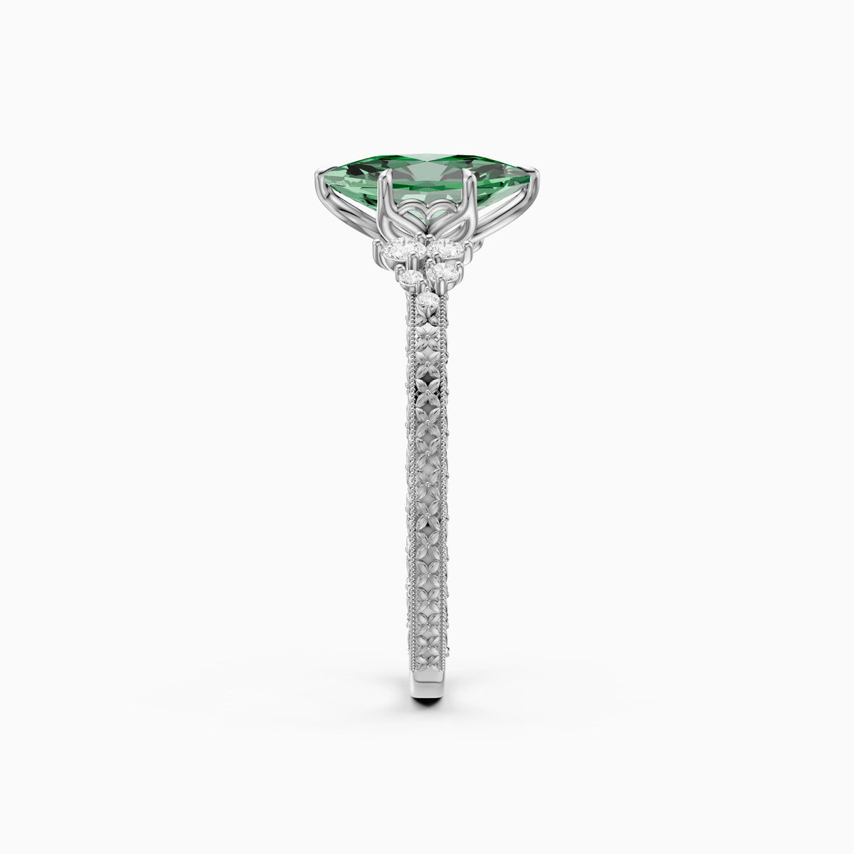 Jenna Dutch Marquise Green Lab Grown Diamond Vintage Ring with Milgrain Band