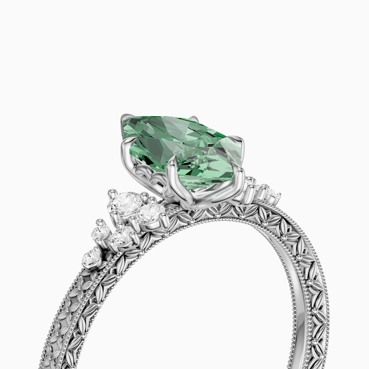 Jenna Dutch Marquise Green Lab Grown Diamond Vintage Ring with Milgrain Band