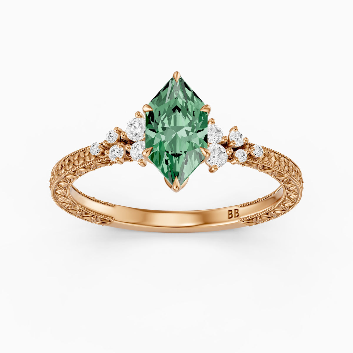 Jenna Dutch Marquise Green Lab Grown Diamond Vintage Ring with Milgrain Band