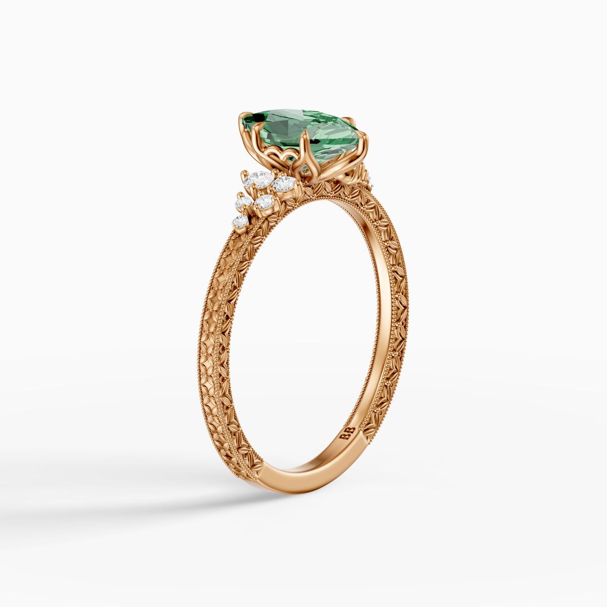 Jenna Dutch Marquise Green Lab Grown Diamond Vintage Ring with Milgrain Band