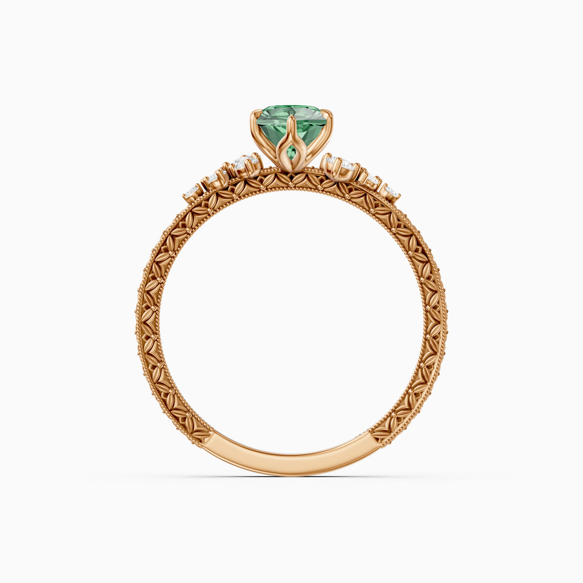 Jenna Dutch Marquise Green Lab Grown Diamond Vintage Ring with Milgrain Band