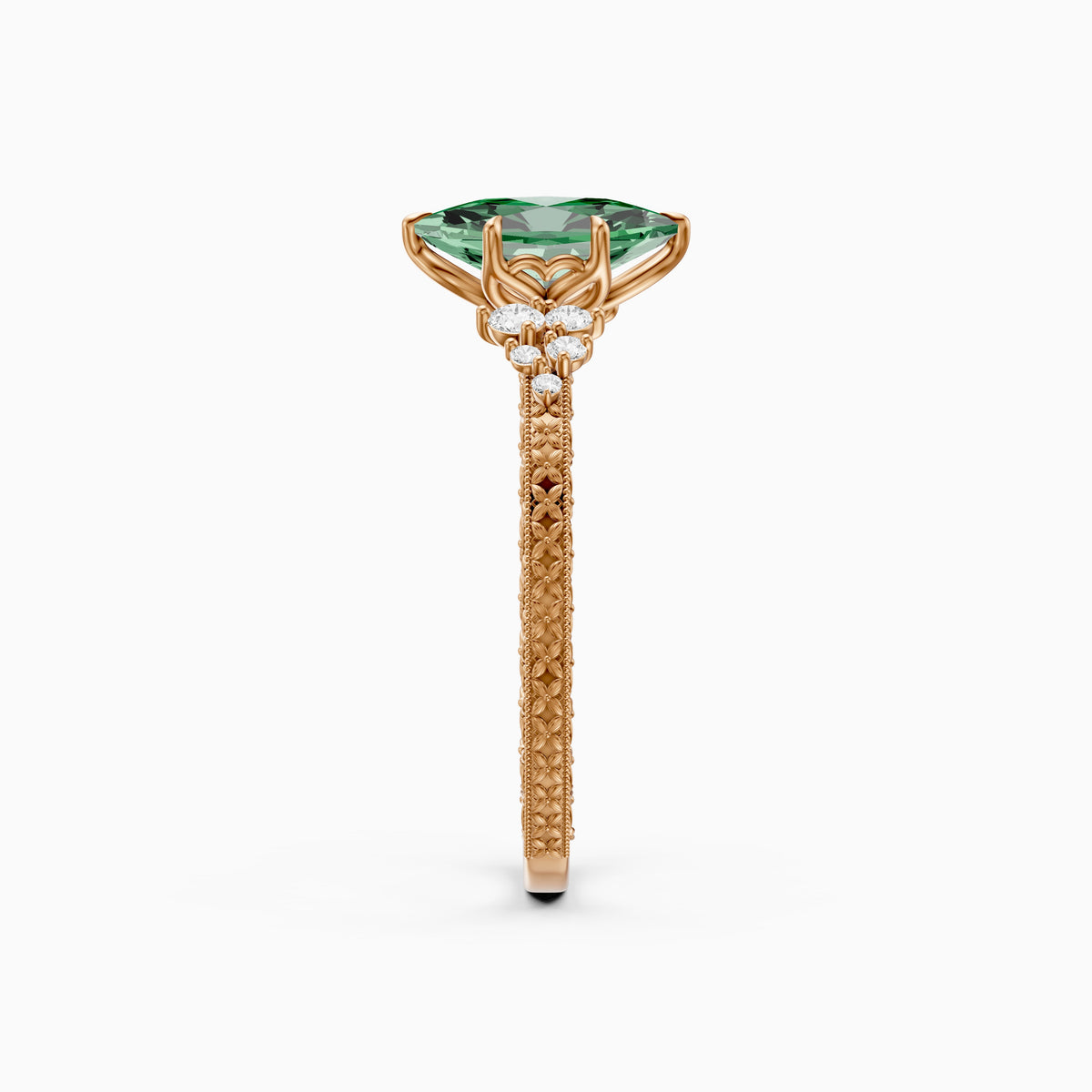 Jenna Dutch Marquise Green Lab Grown Diamond Vintage Ring with Milgrain Band